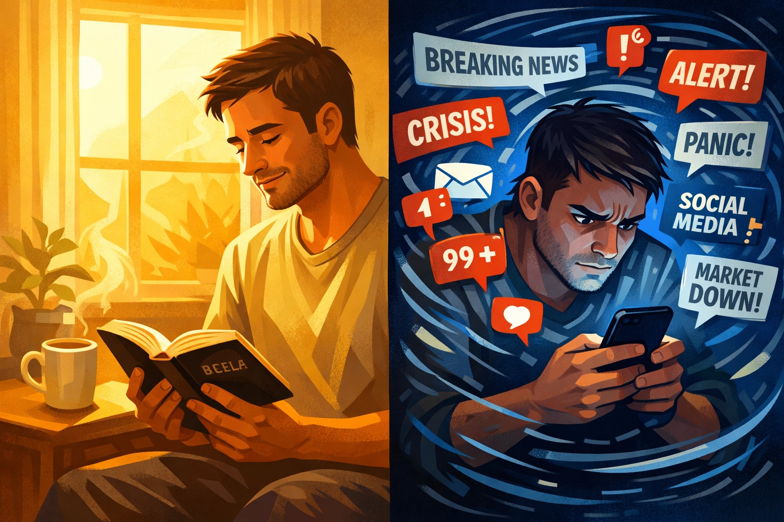Comparison of peaceful Bible reading versus stressful morning news on phone