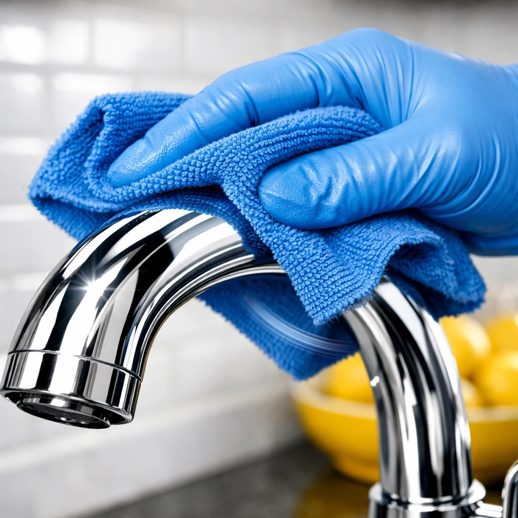 Professional kitchen cleaning detailing a polished chrome faucet for a move-in ready home.