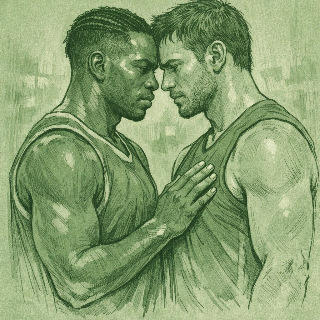 Two male athletes showing mutual respect and resilience in an inclusive gay sports fiction scene.