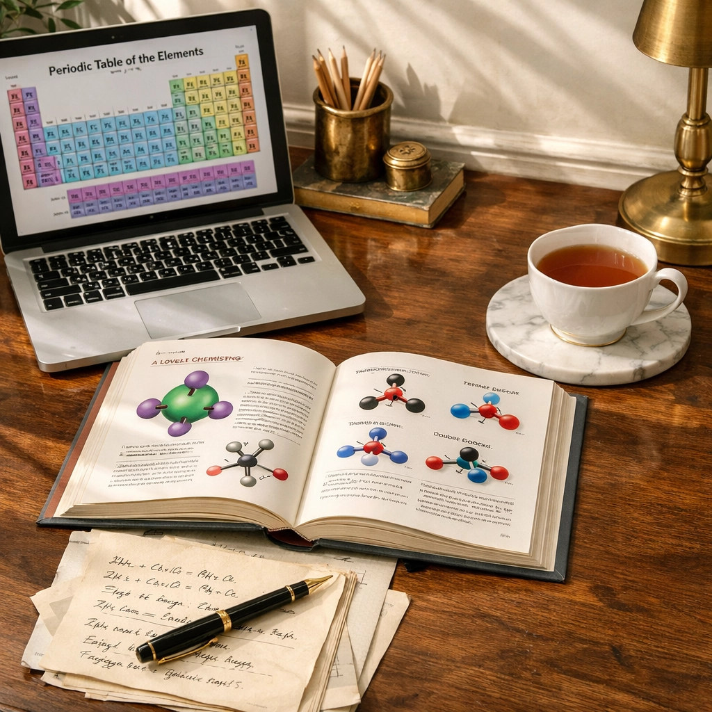 A Level Chemistry study materials on elegant desk in Kensington home