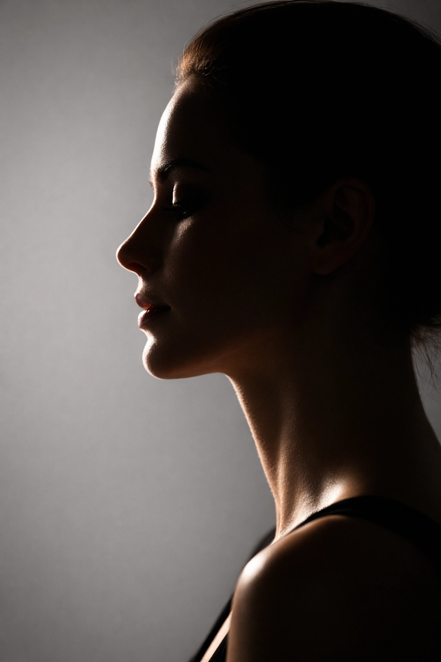 Soft chiaroscuro lighting highlighting the elegant profile of a human form in an artistic studio.