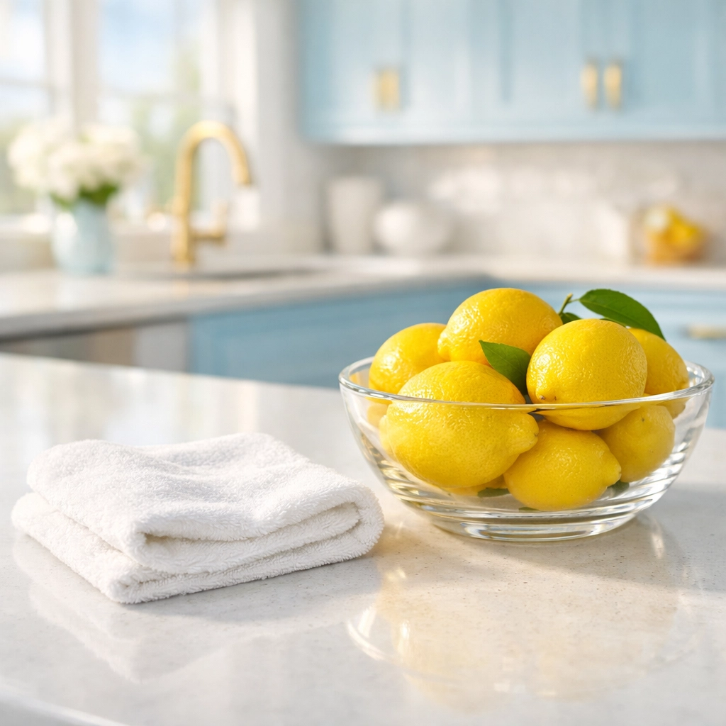 Eco-friendly Marblehead house cleaning on a polished white quartz kitchen island with natural supplies.