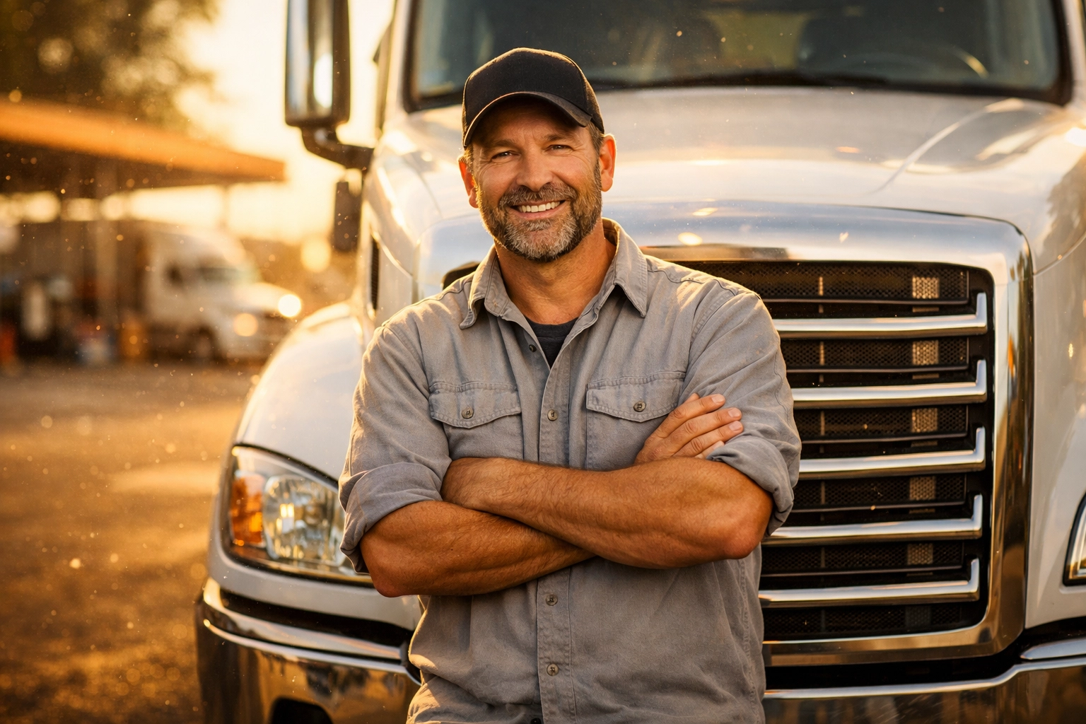 A smiling truck driver leaning on his rig after obtaining semi-truck financing with bad credit for his business.