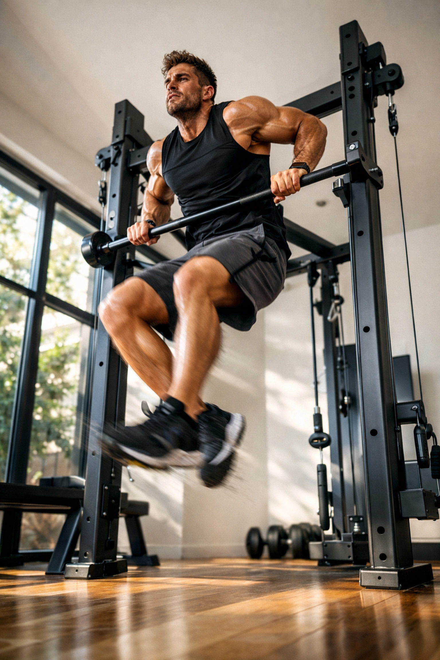 Athlete performing muscle-up on floor-to-ceiling home gym system