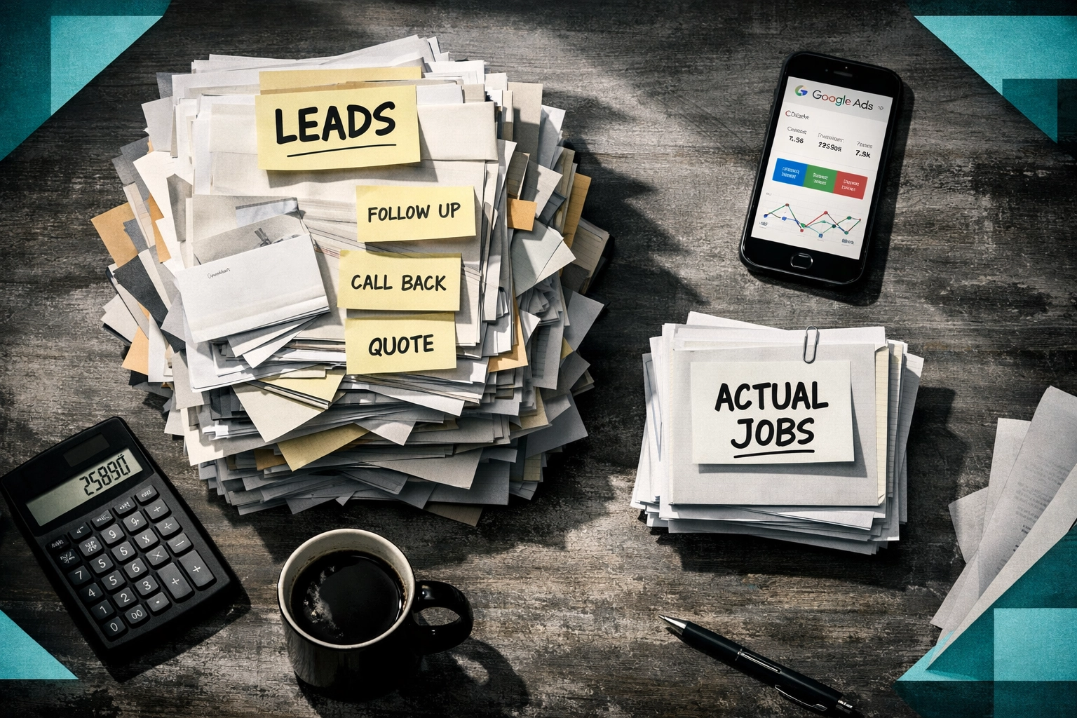 Contractor's desk showing many leads but few actual booked jobs from Google Ads