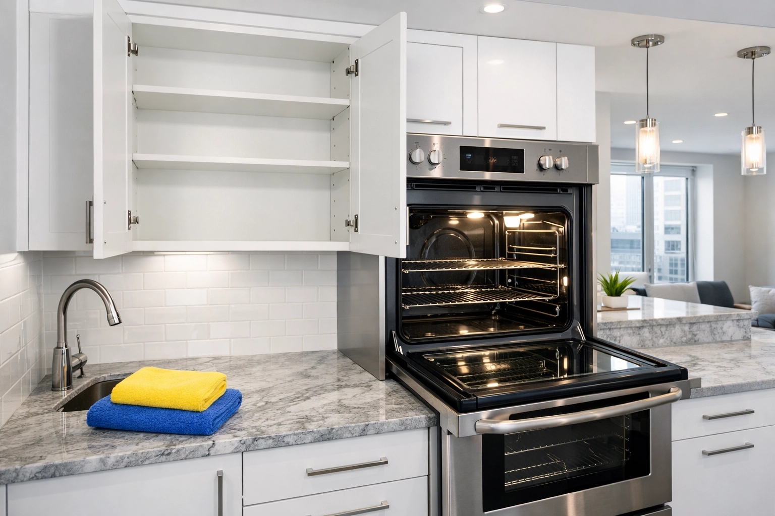 Deep apartment cleaning in Boston showing a spotless stainless steel oven and open kitchen cabinets.