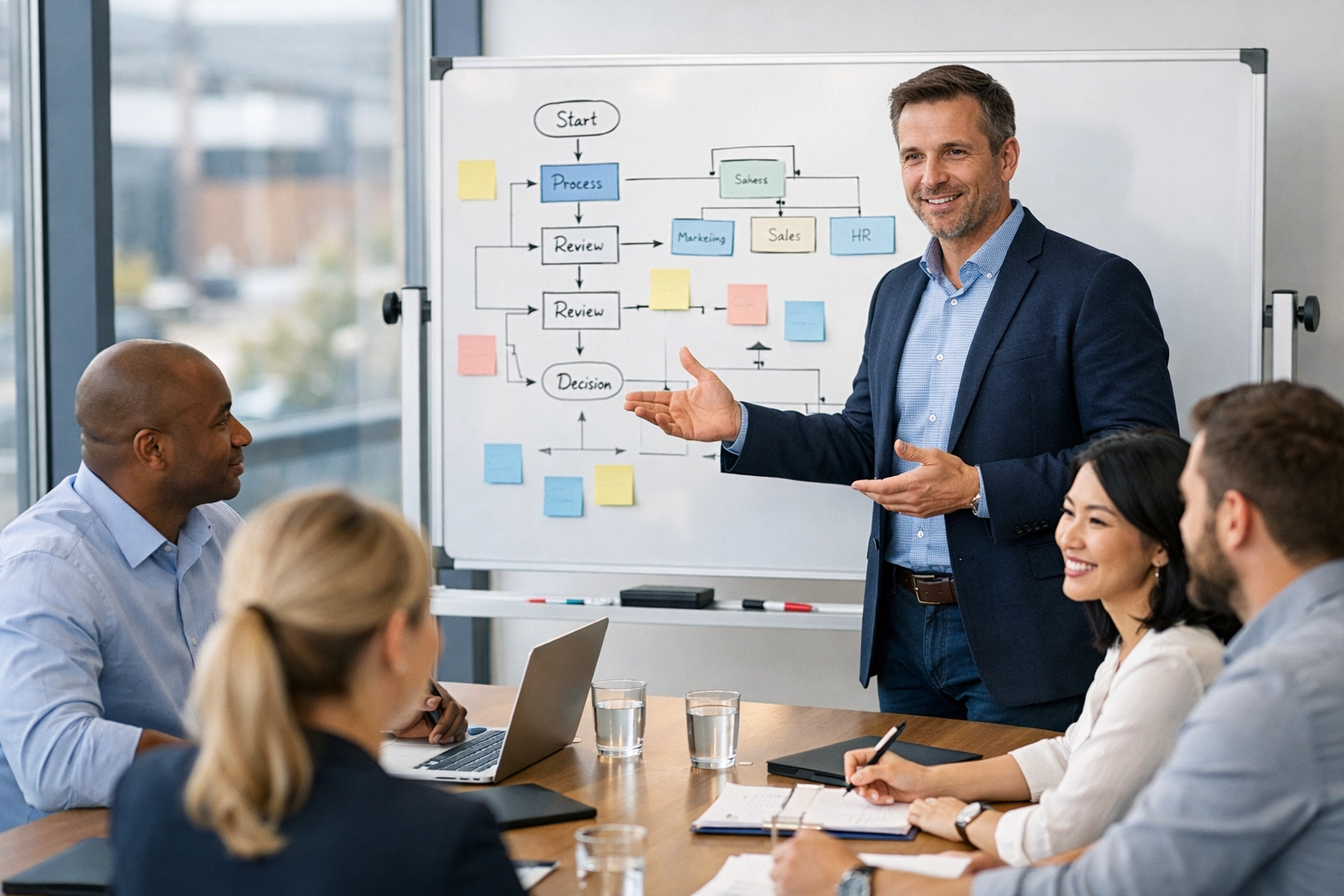 Business team meeting with leader presenting organizational processes and management systems