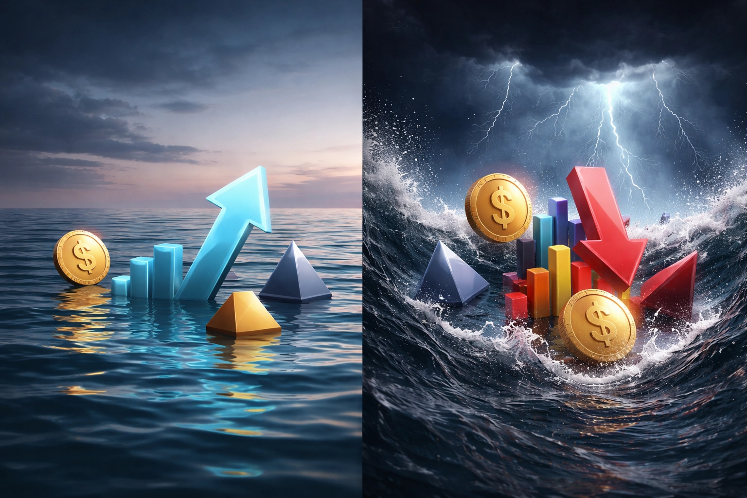 Comparison of calm and turbulent investment conditions, symbolizing the volatility and risk in private equity portfolios.