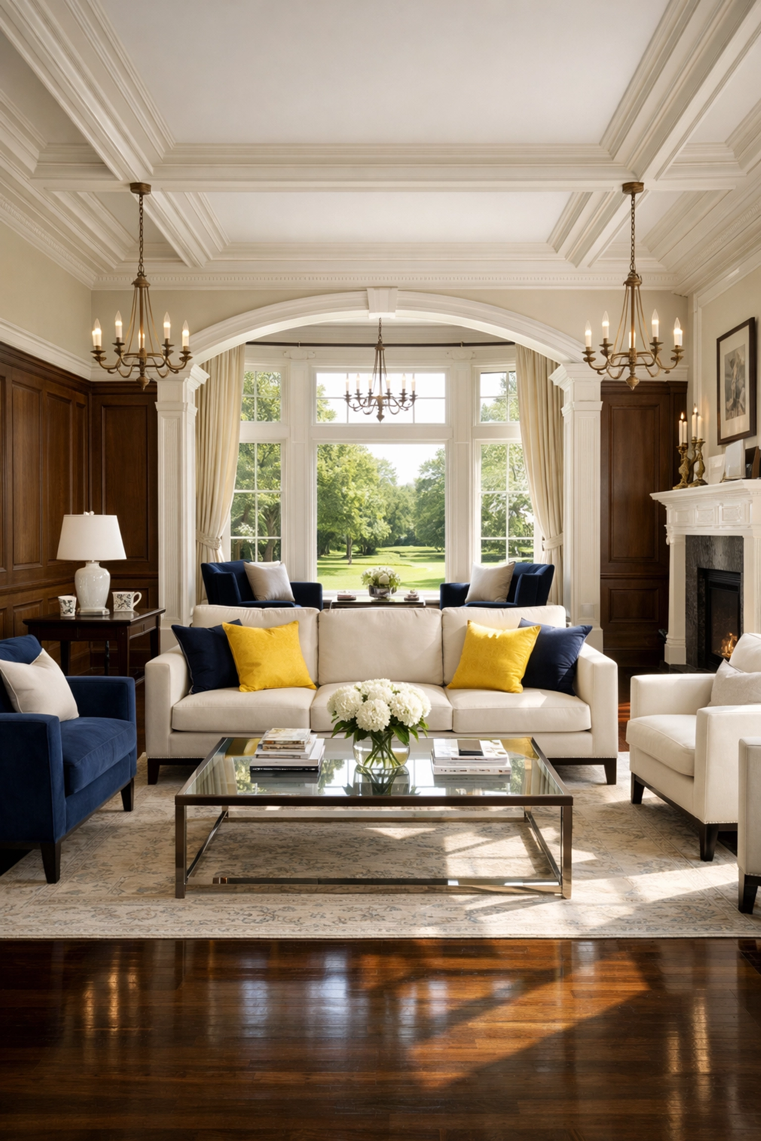 Impeccably clean Harvard estate living room highlighting elite weekly house cleaning standards.