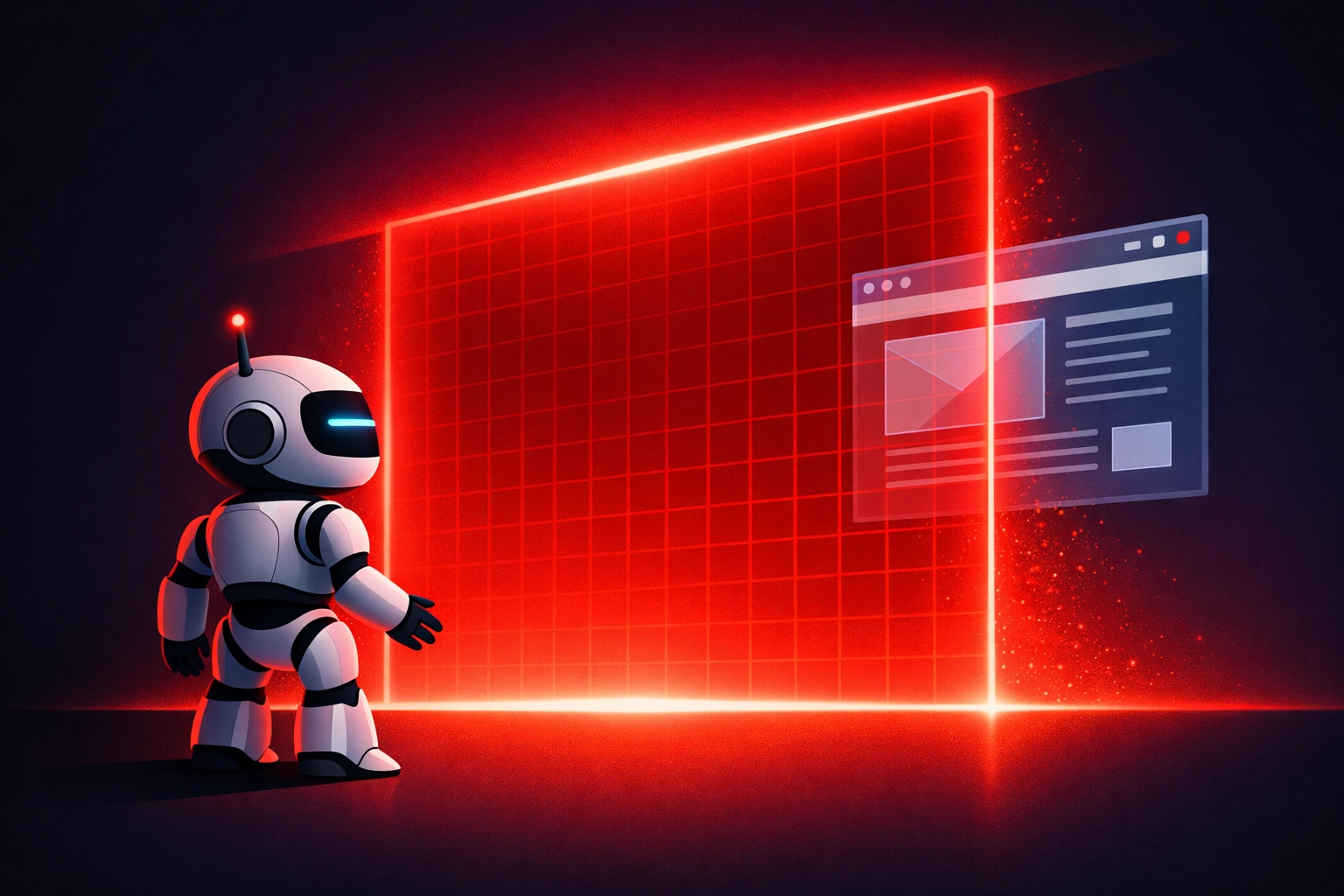 Digital illustration of a search engine bot blocked from crawling a trade website by a technical barrier.