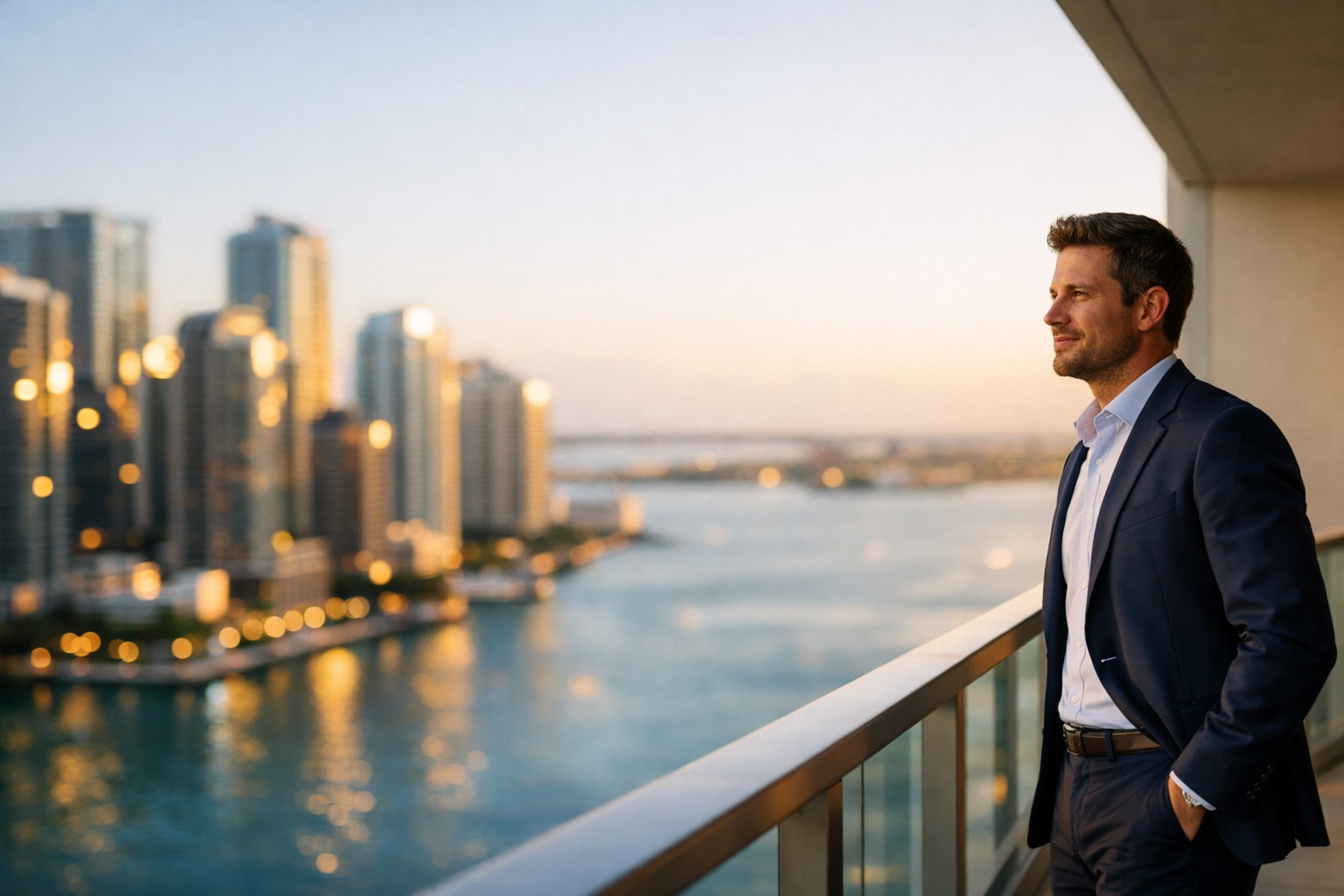 Corporate brand photography in Brickell Miami with negative space for marketing text against the city skyline.