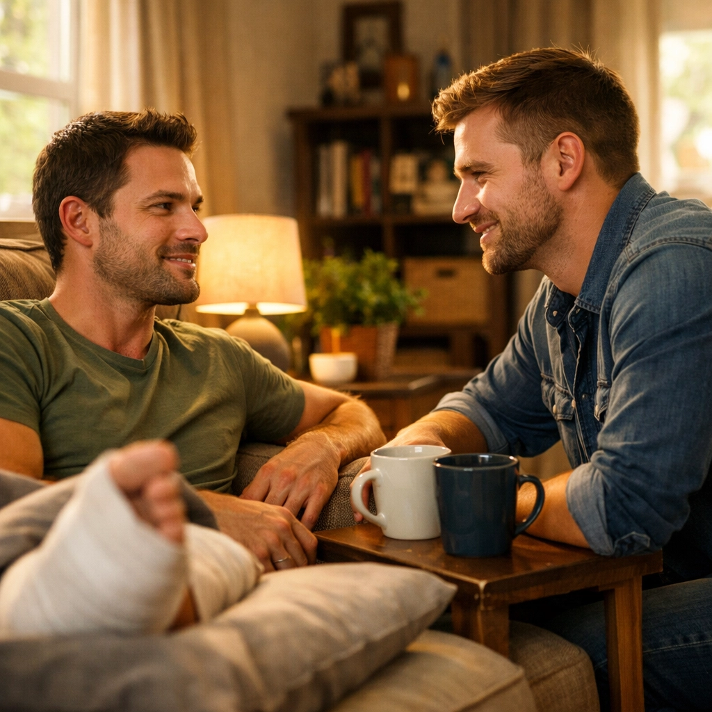 MM romance couple sharing coffee during recovery illustrating hurt comfort relationship growth