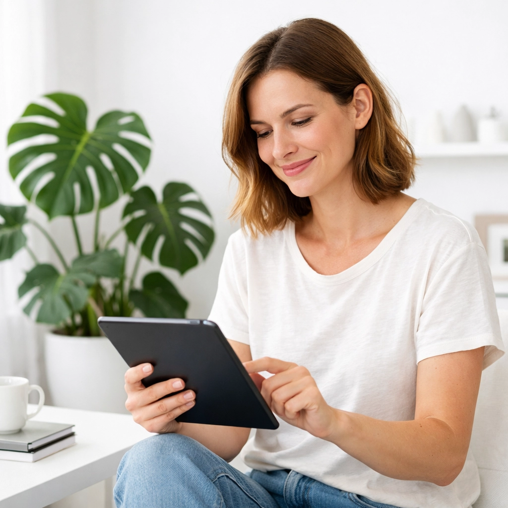 Customer browsing a user-friendly Innisfil small business website on a tablet in a bright studio.