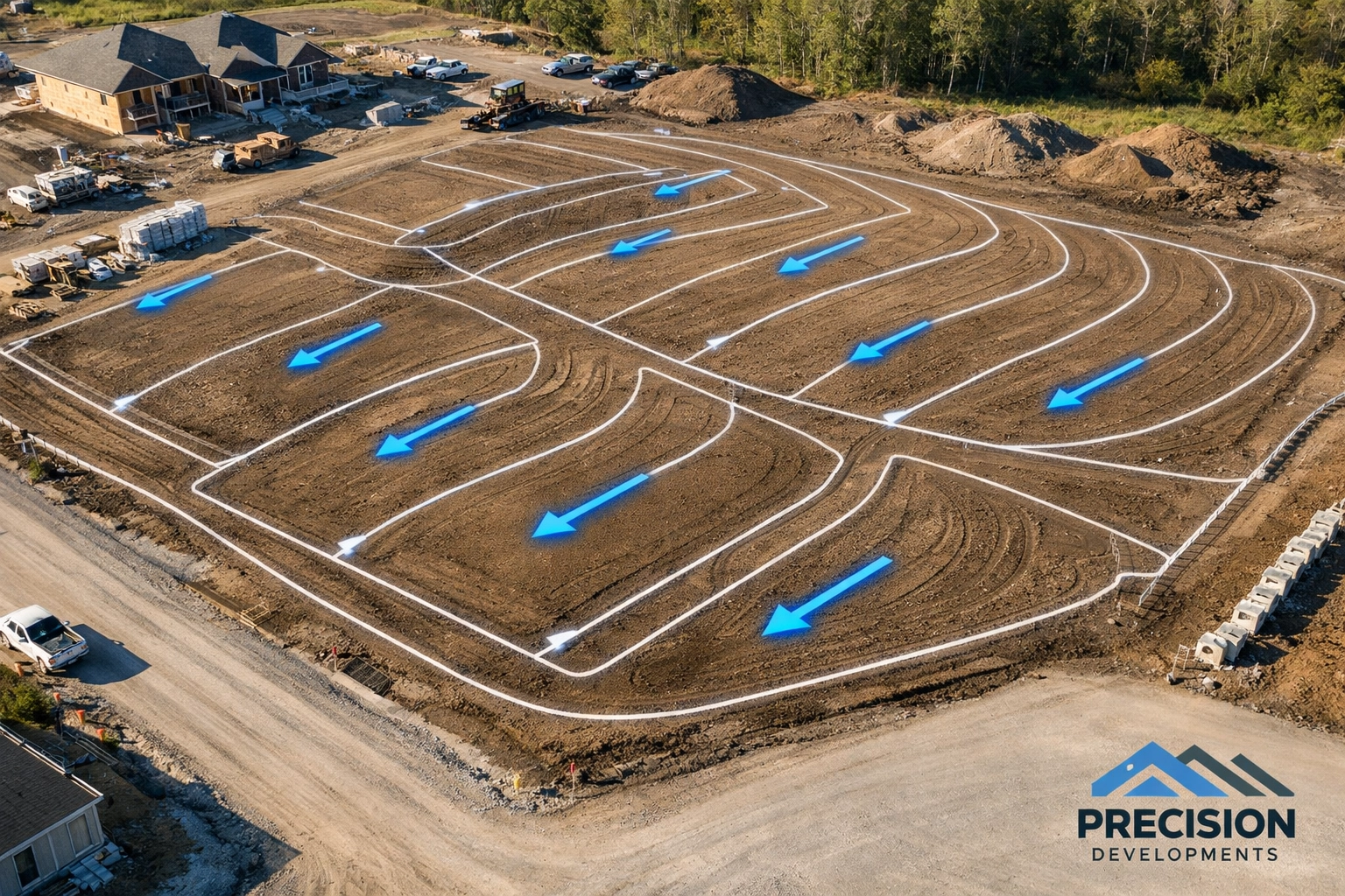 Ontario construction site showcasing precise site grading plans and drainage flow lines for permit approval.