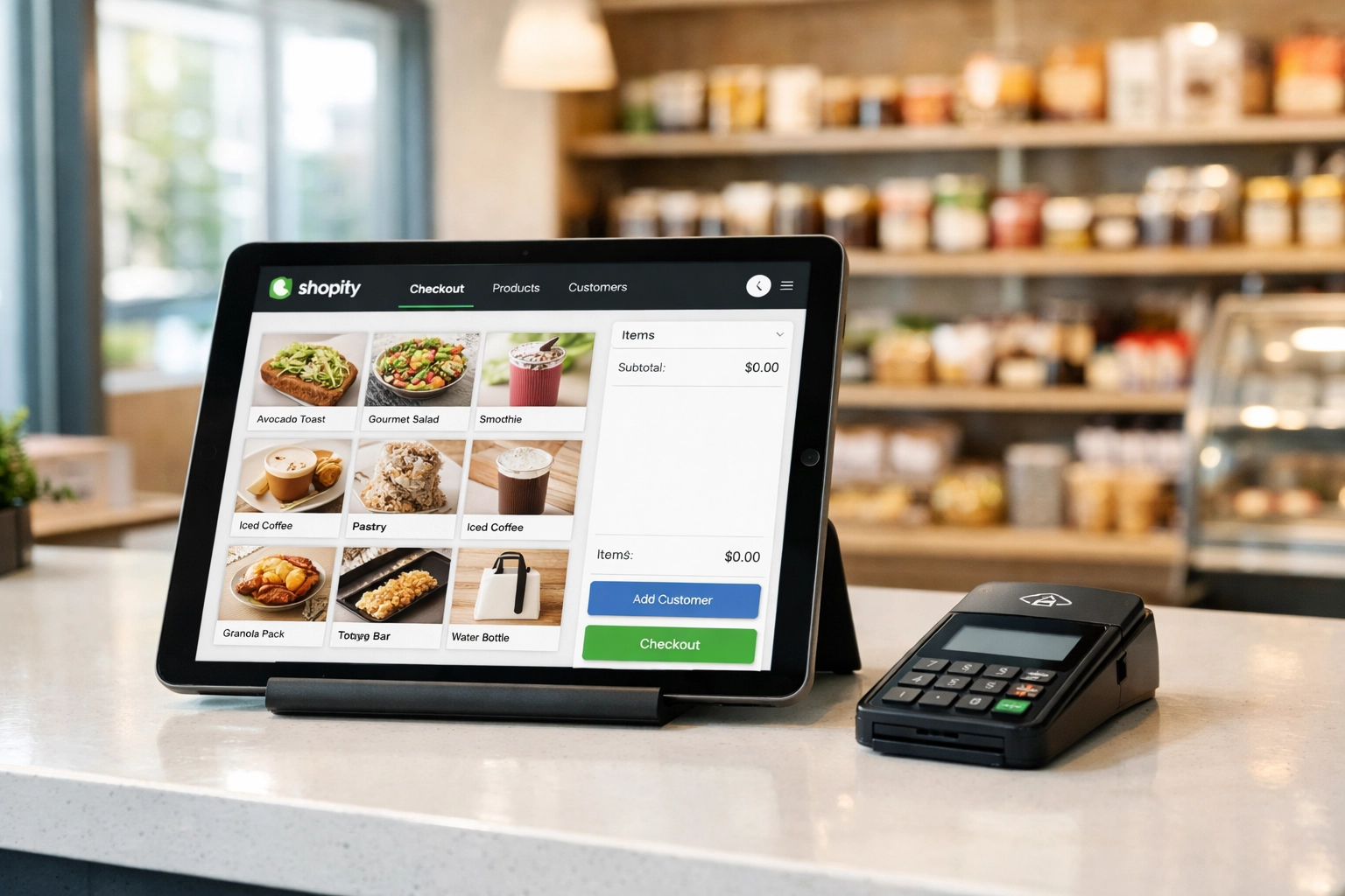 Shopify POS running on iPad with card reader at retail food establishment counter