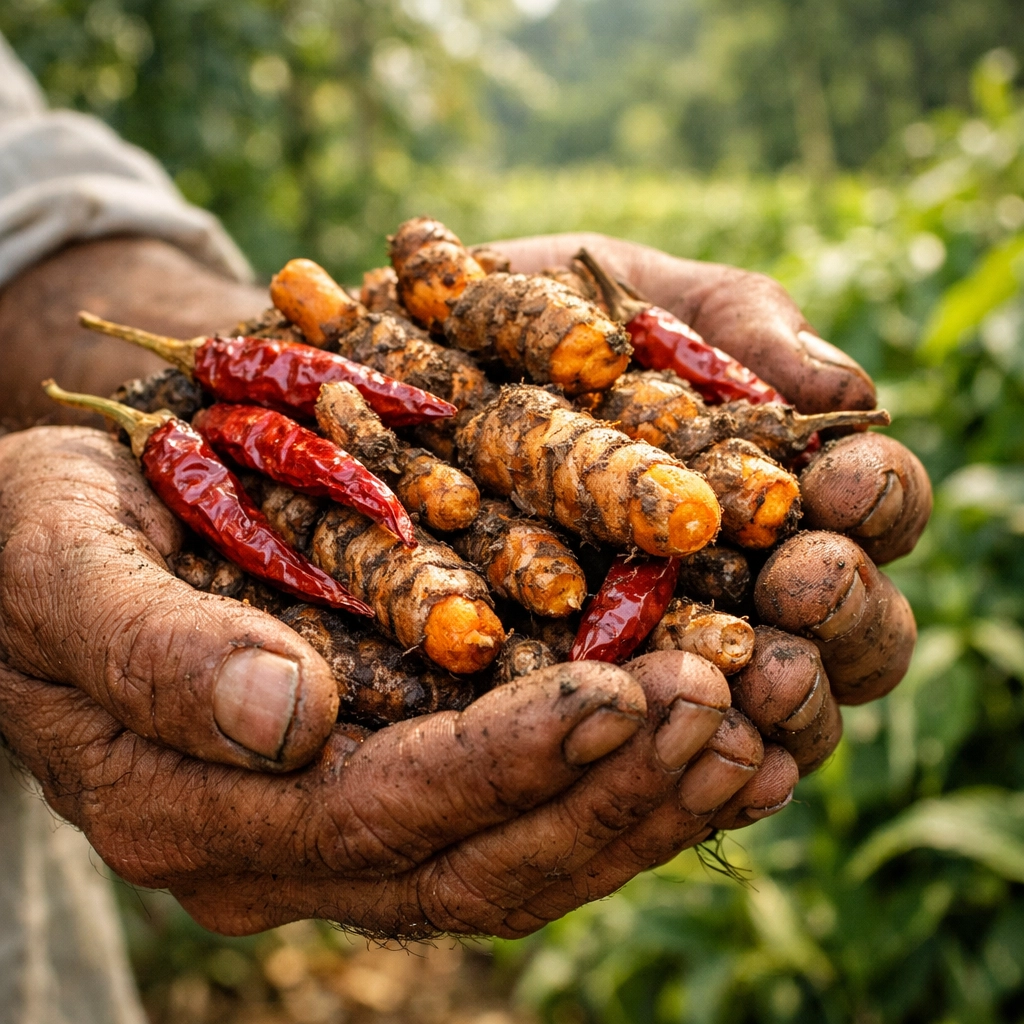 Farmer's hands holding pesticide-free turmeric and red chilies at a farm in Kerala.