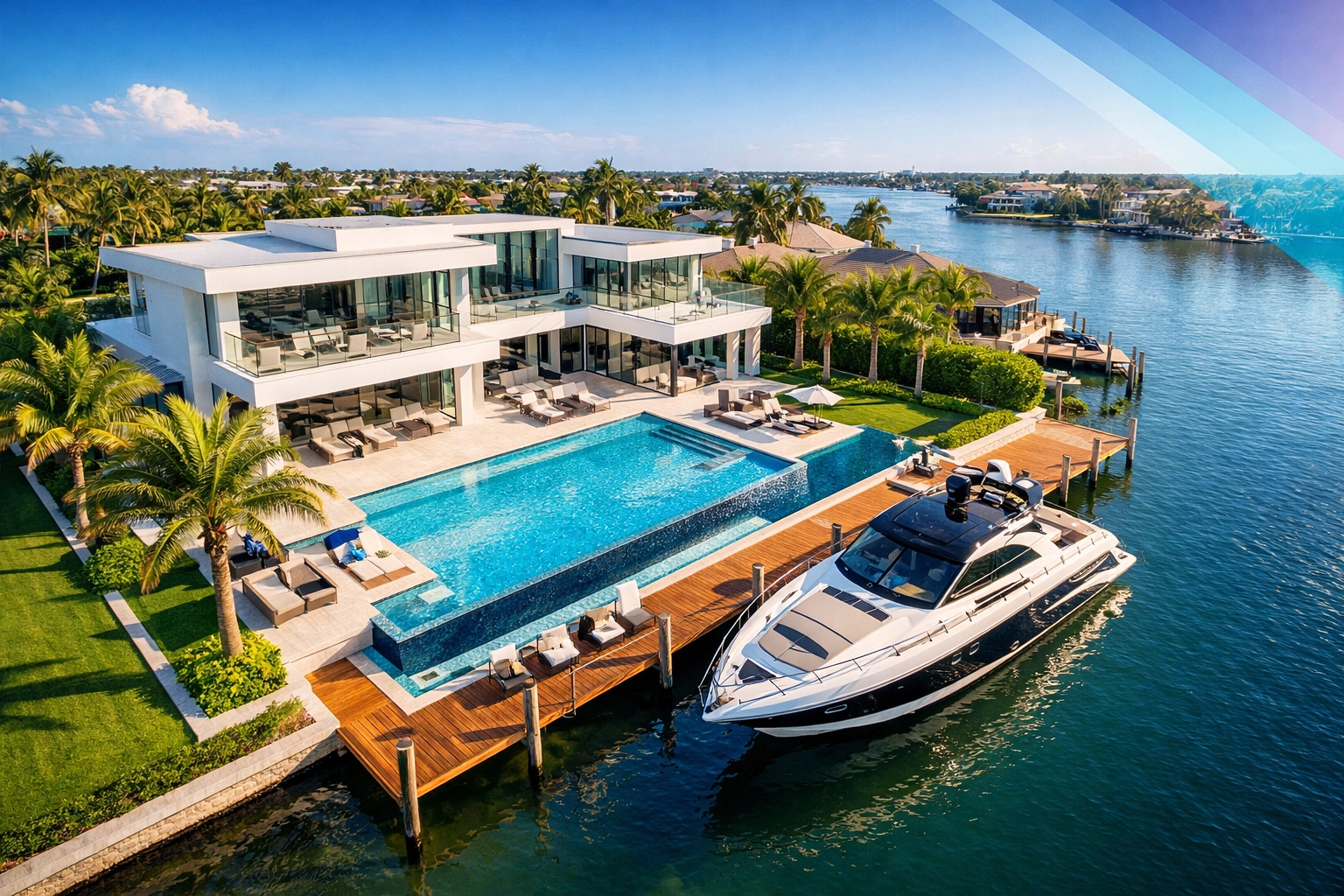 High-resolution aerial photography of a luxury waterfront estate with an infinity pool and private yacht dock.