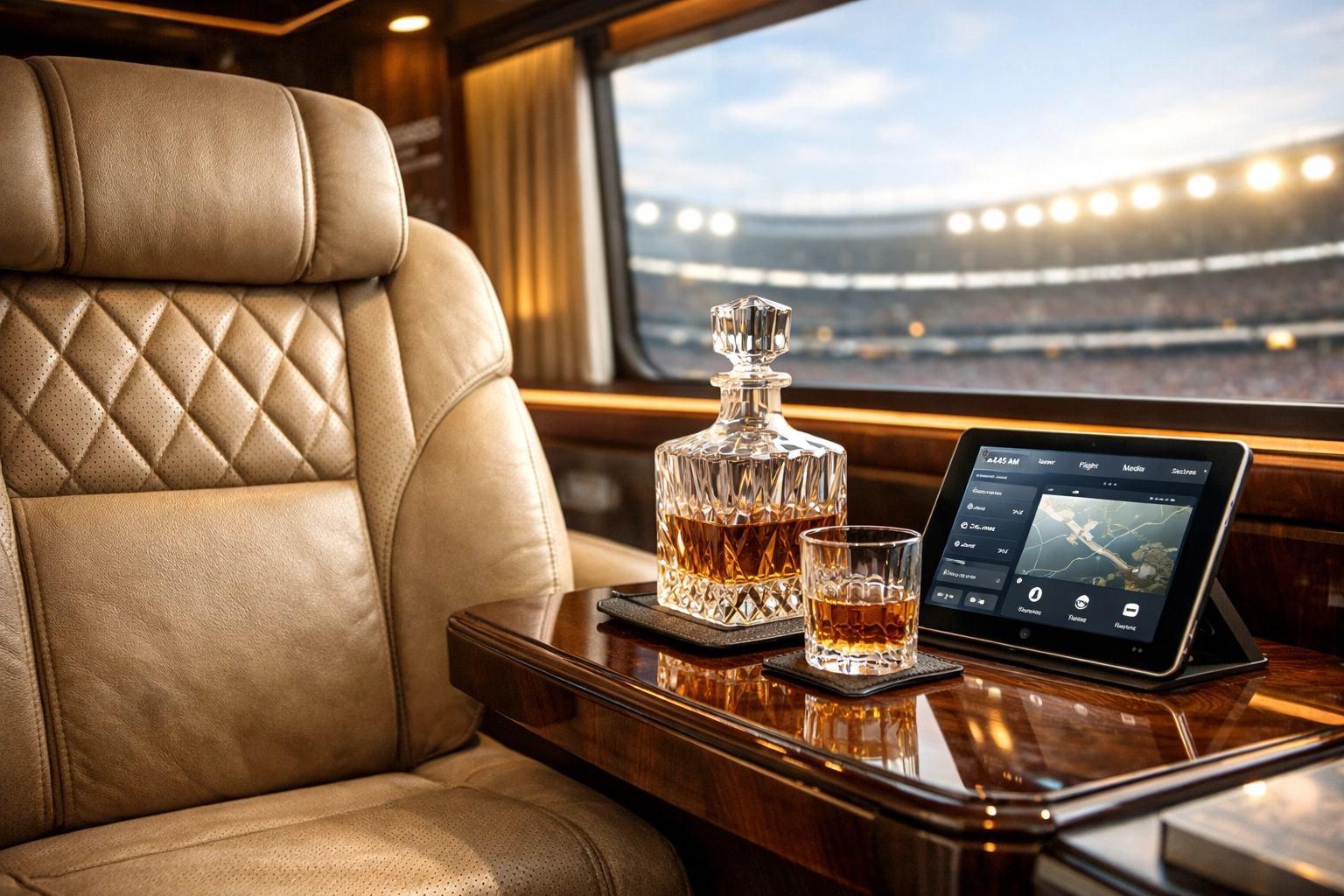 Luxury interior of a Super Bowl executive suite with premium leather seating and a stadium view.