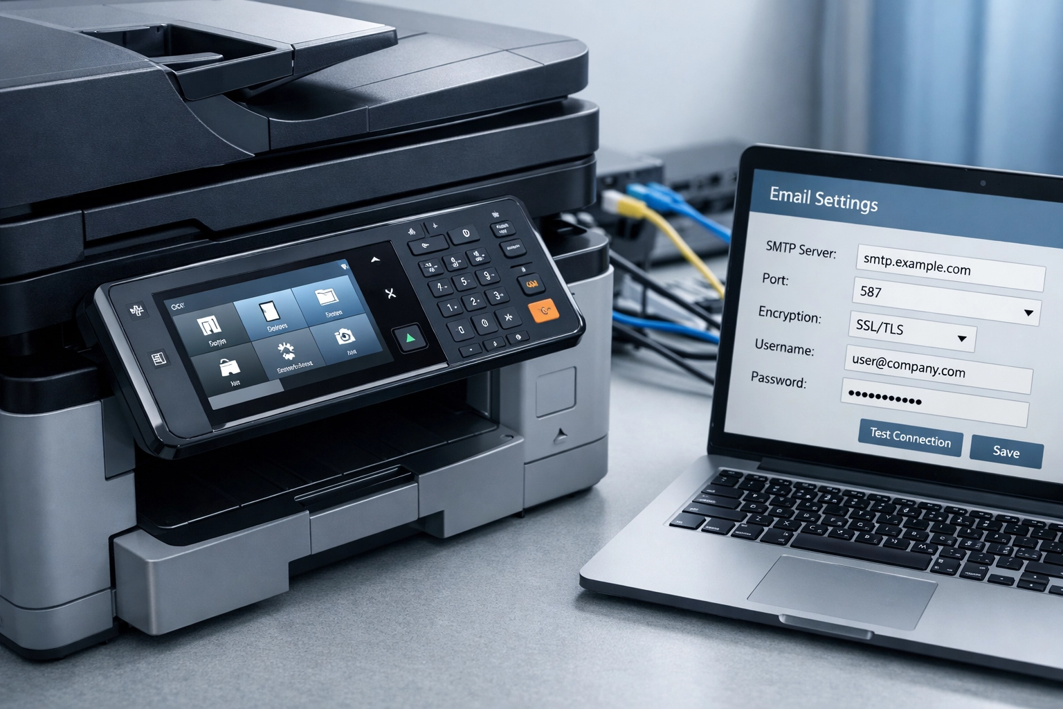 Office printer with network cables next to laptop showing email configuration for SMTP AUTH migration