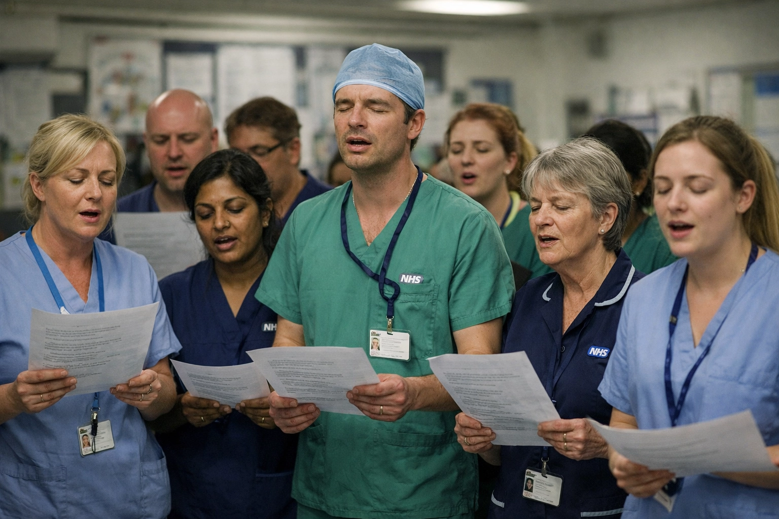Hull NHS Choir members in scrubs singing together during a rehearsal in a hospital communal room.