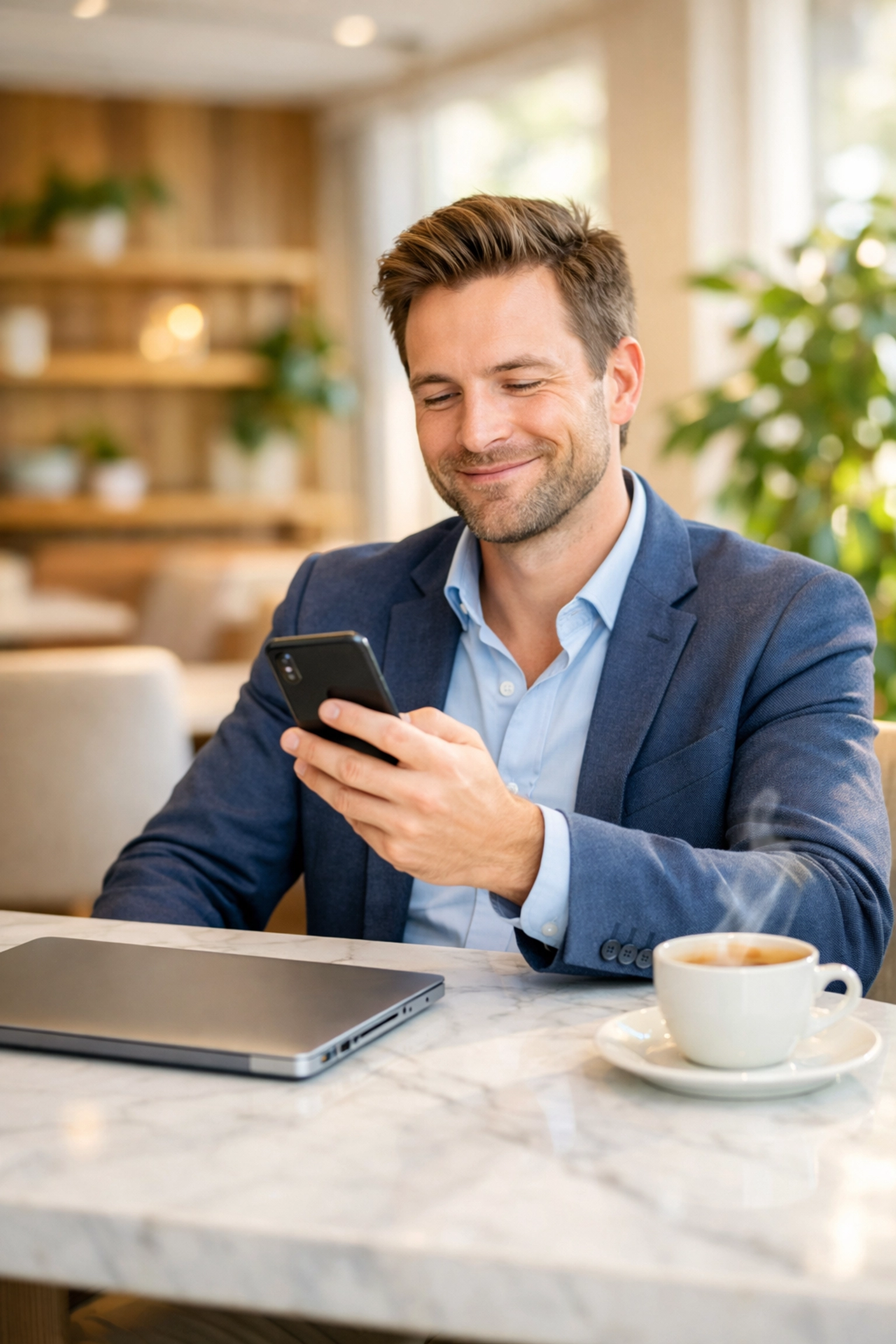 Business professional successfully managing email accounts on a smartphone in a bright coworking space.