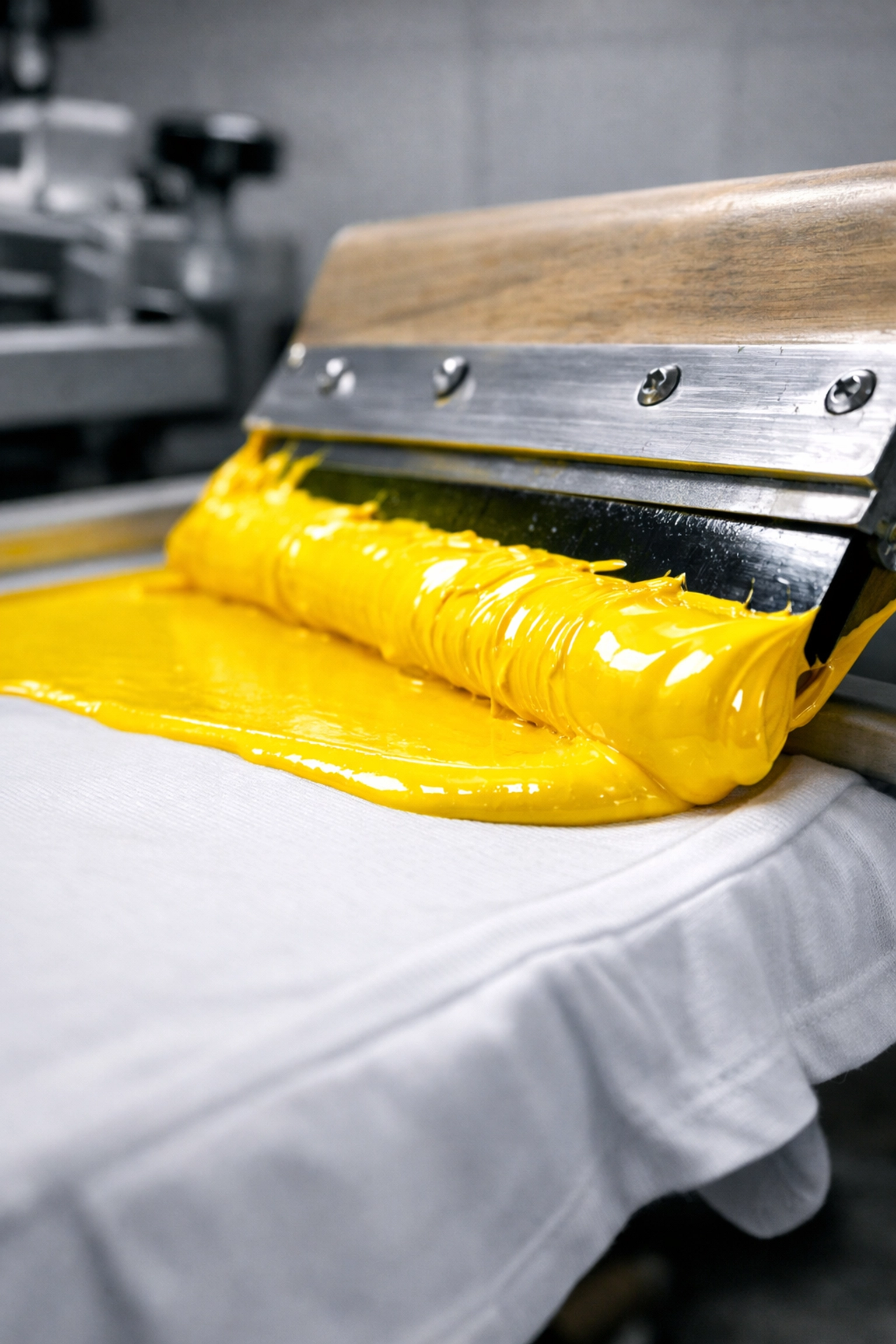 Professional screen printing process applying bold ink to a custom t shirt to ensure QR code durability.