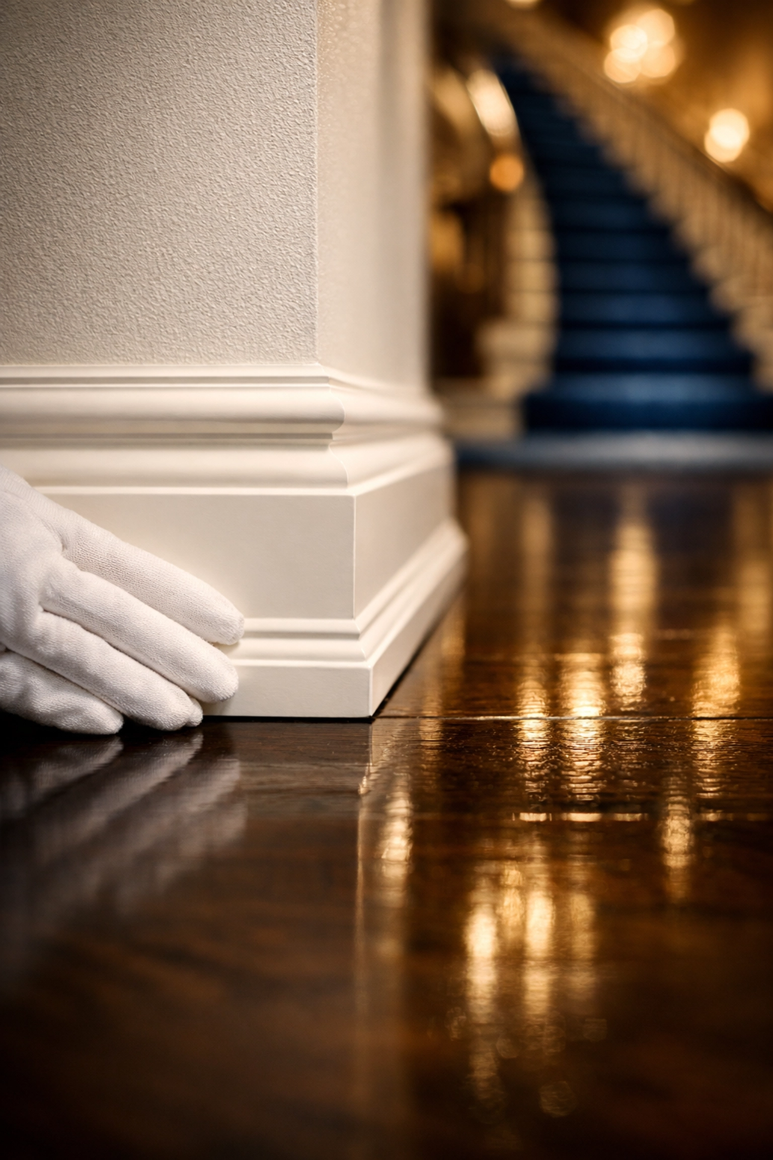 Clean white baseboards and polished hardwood floors provided by professional cleaners MA in a luxury home.