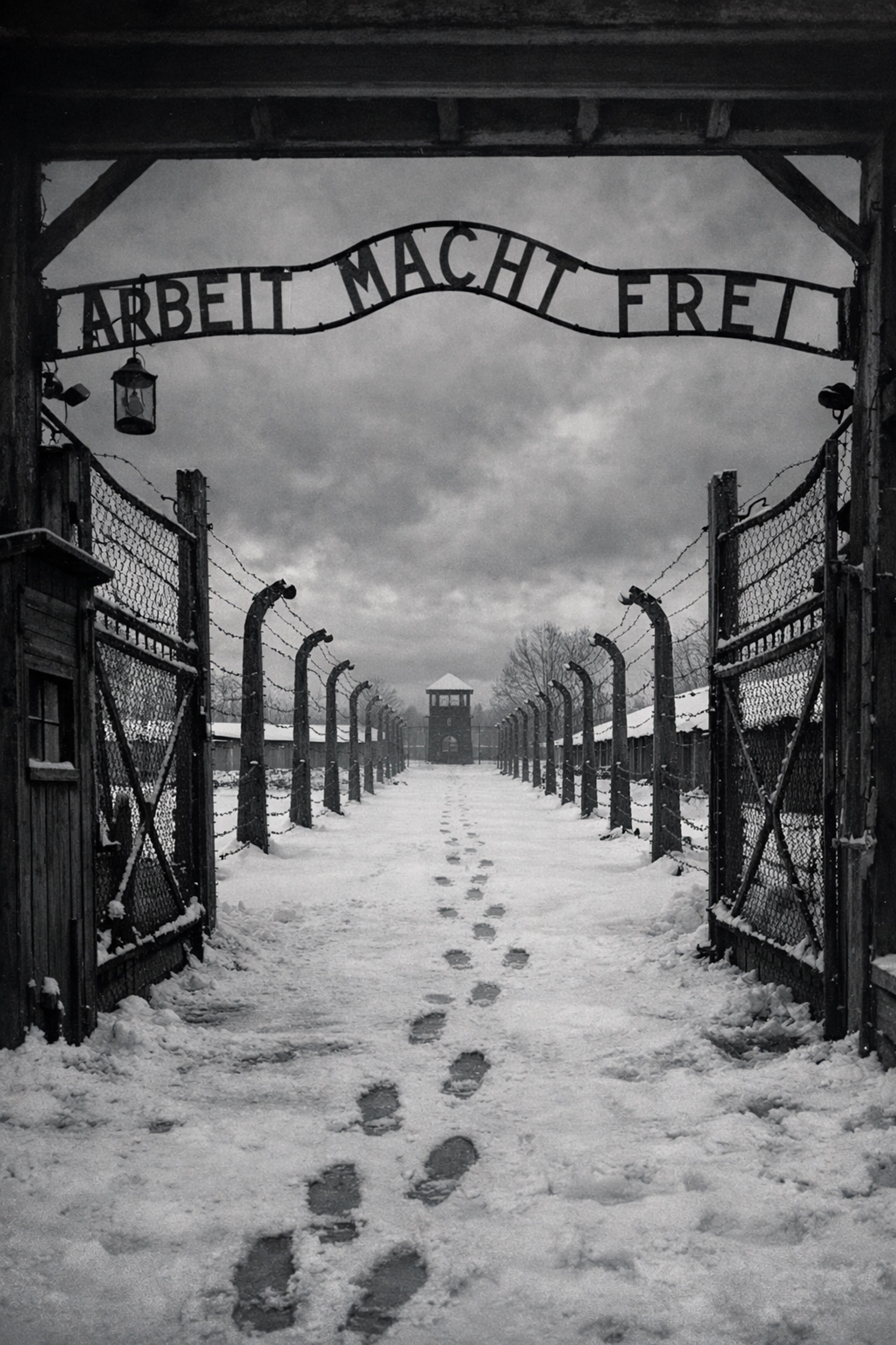 Snow-covered concentration camp gate where gay prisoners wearing pink triangles were imprisoned