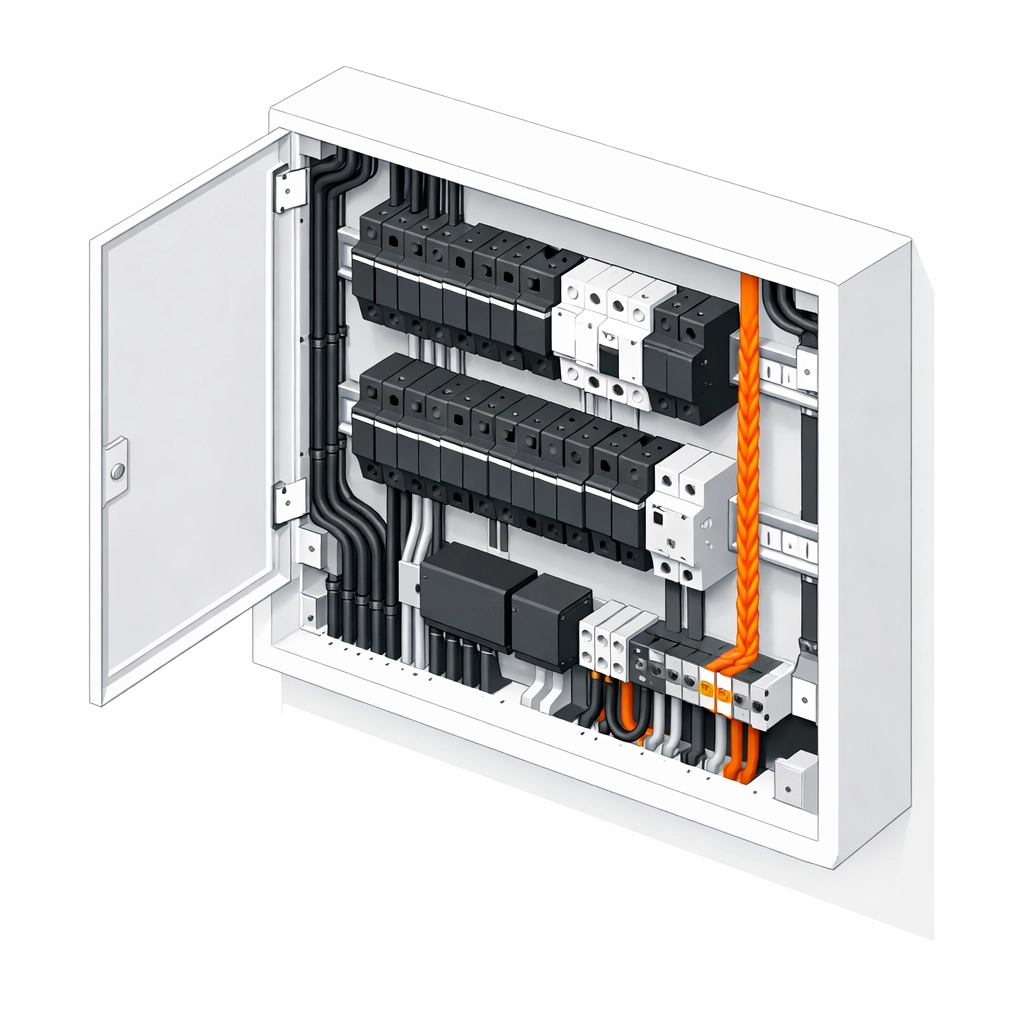 Moderne Smart Home Elektroinstallation: Sicherungskasten mit strukturierter KNX-Busleitung in Wien.