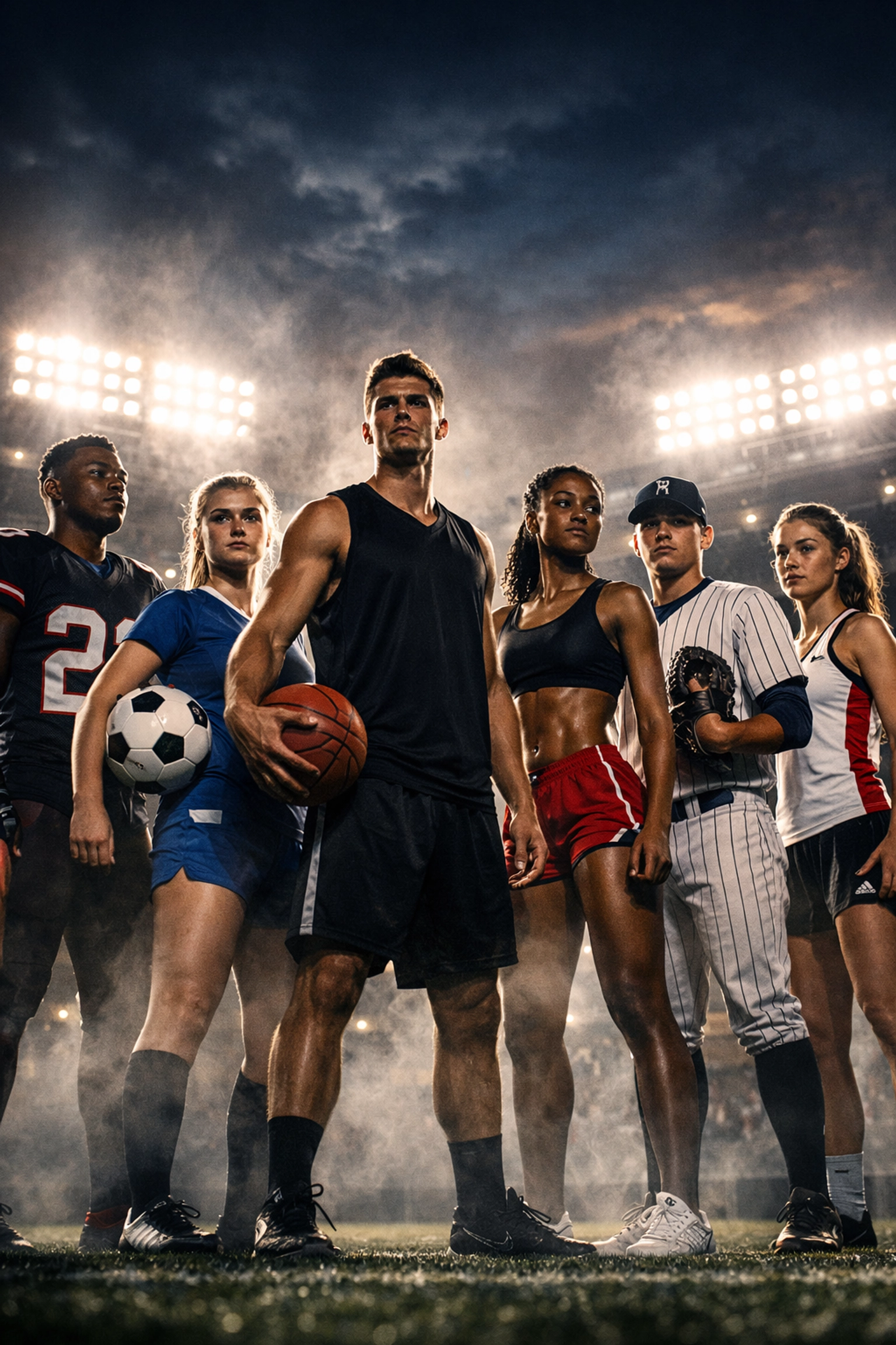A diverse group of student-athletes on a stadium field representing a high performance NIL marketing strategy.