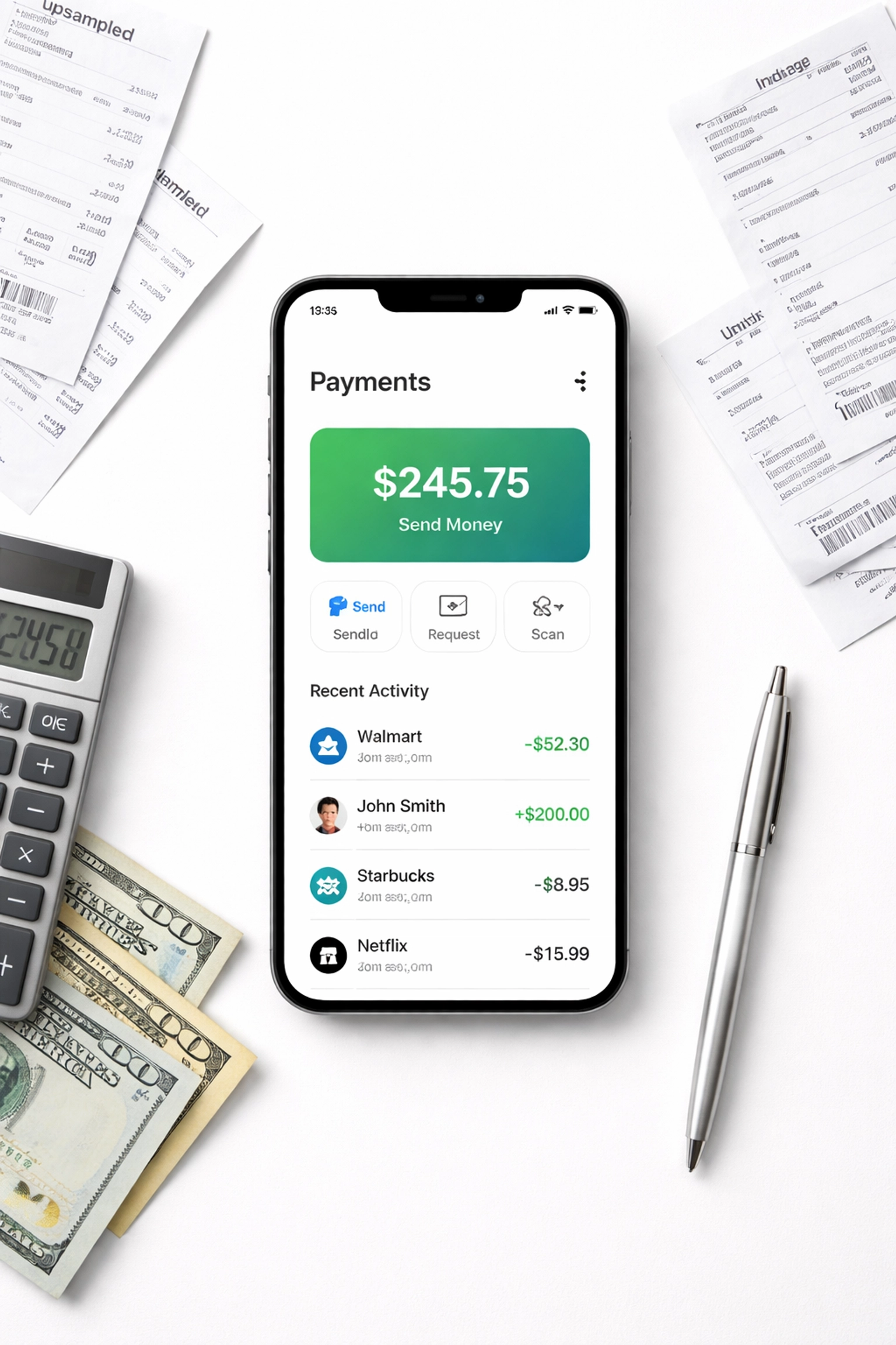 Smartphone with payment app, receipts, calculator, and cash illustrating digital payment tax rules 2026