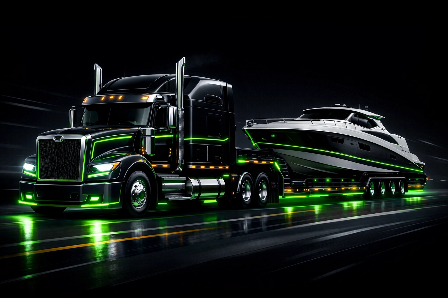 Heavy-duty boat towing and transport services for private party boats and marine logistics.