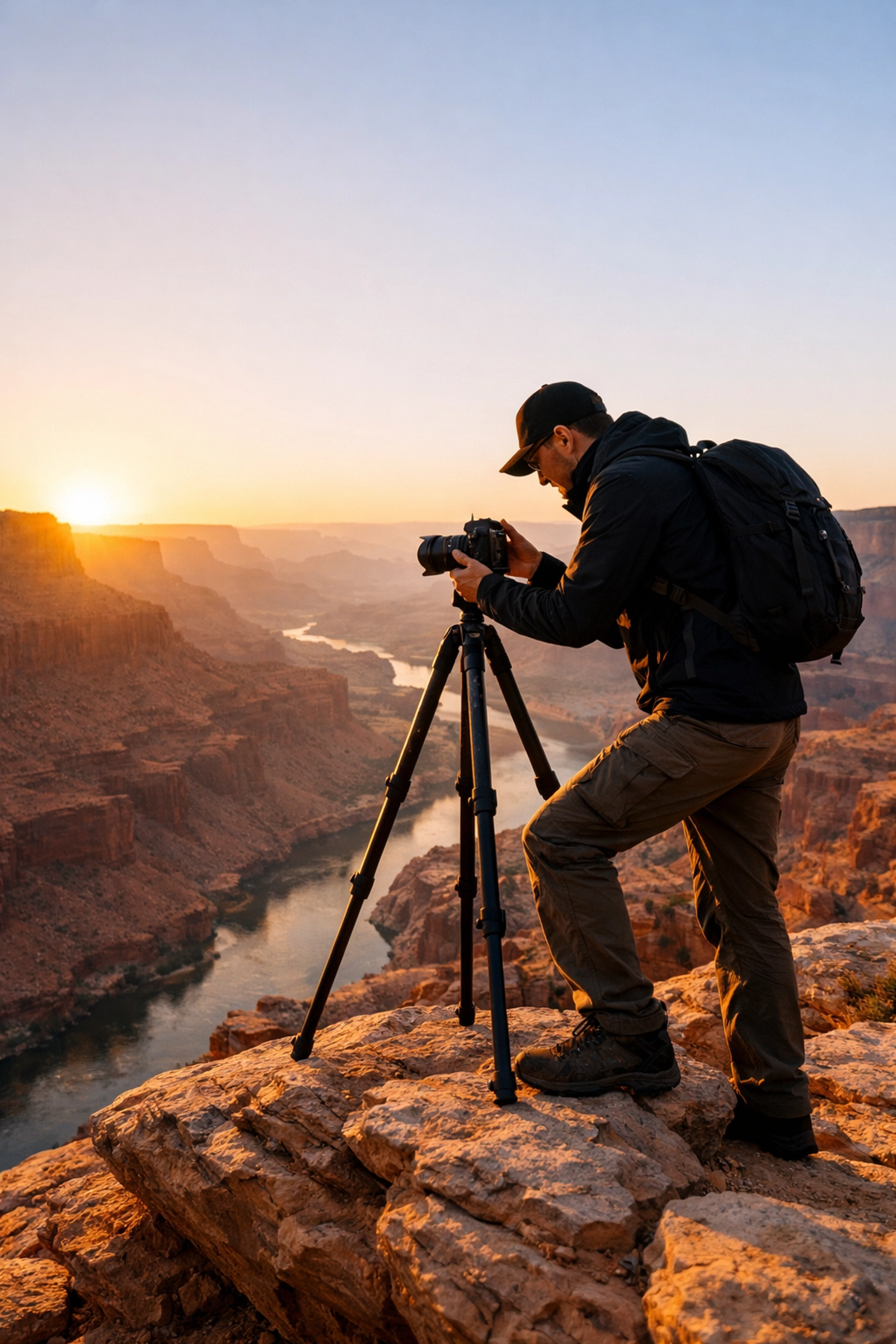 A travel photographer using a tripod at sunrise, showcasing one of the best photography locations in 2026.