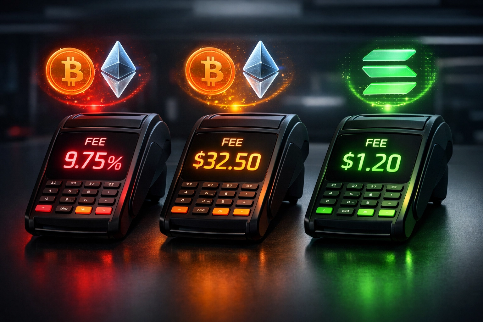 Crypto payment fee comparison showing percentage-based vs gas-only costs across processors