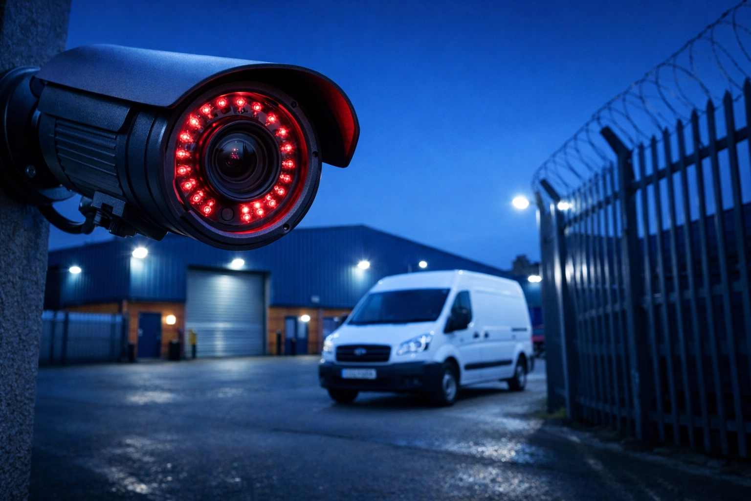 Professional bullet CCTV camera monitoring a commercial yard and industrial site for business security in Bridgend.