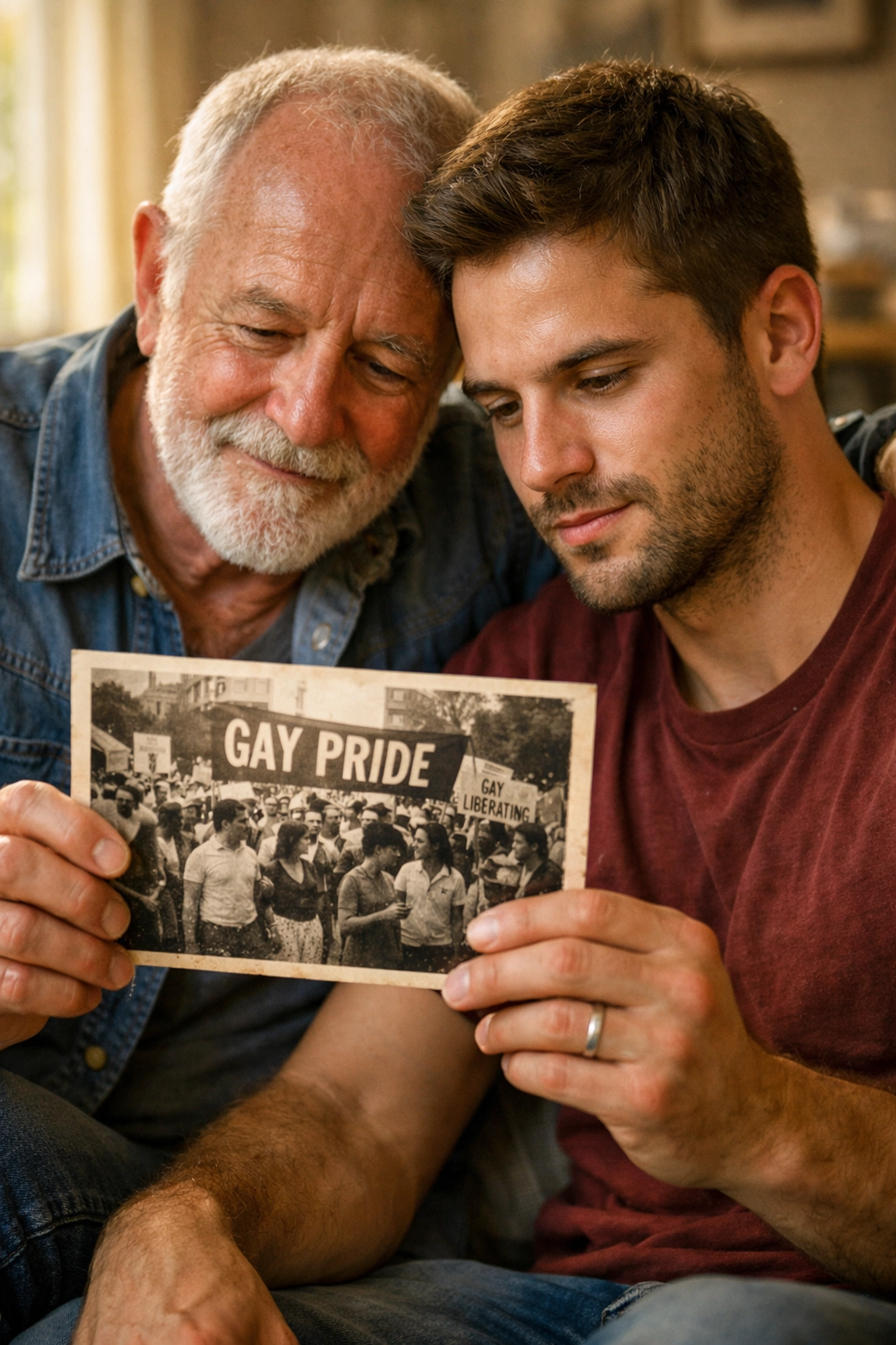 Older and younger gay men sharing LGBTQ+ history and heritage through vintage Pride photography.