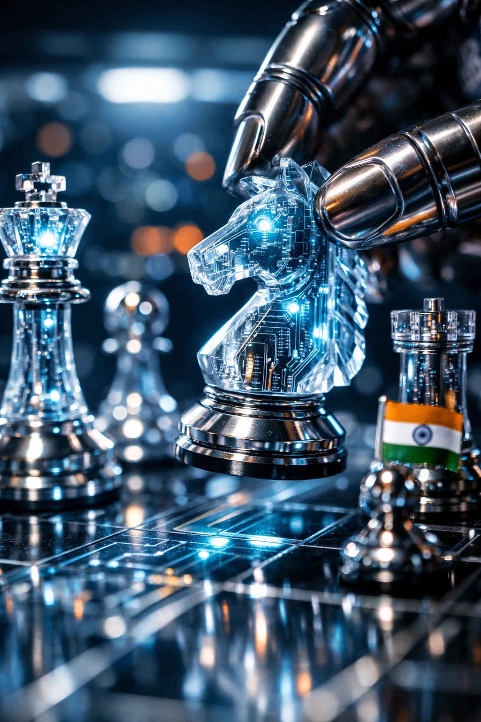 Strategic chess pieces representing global market competition and the future of Indian AI dominance.