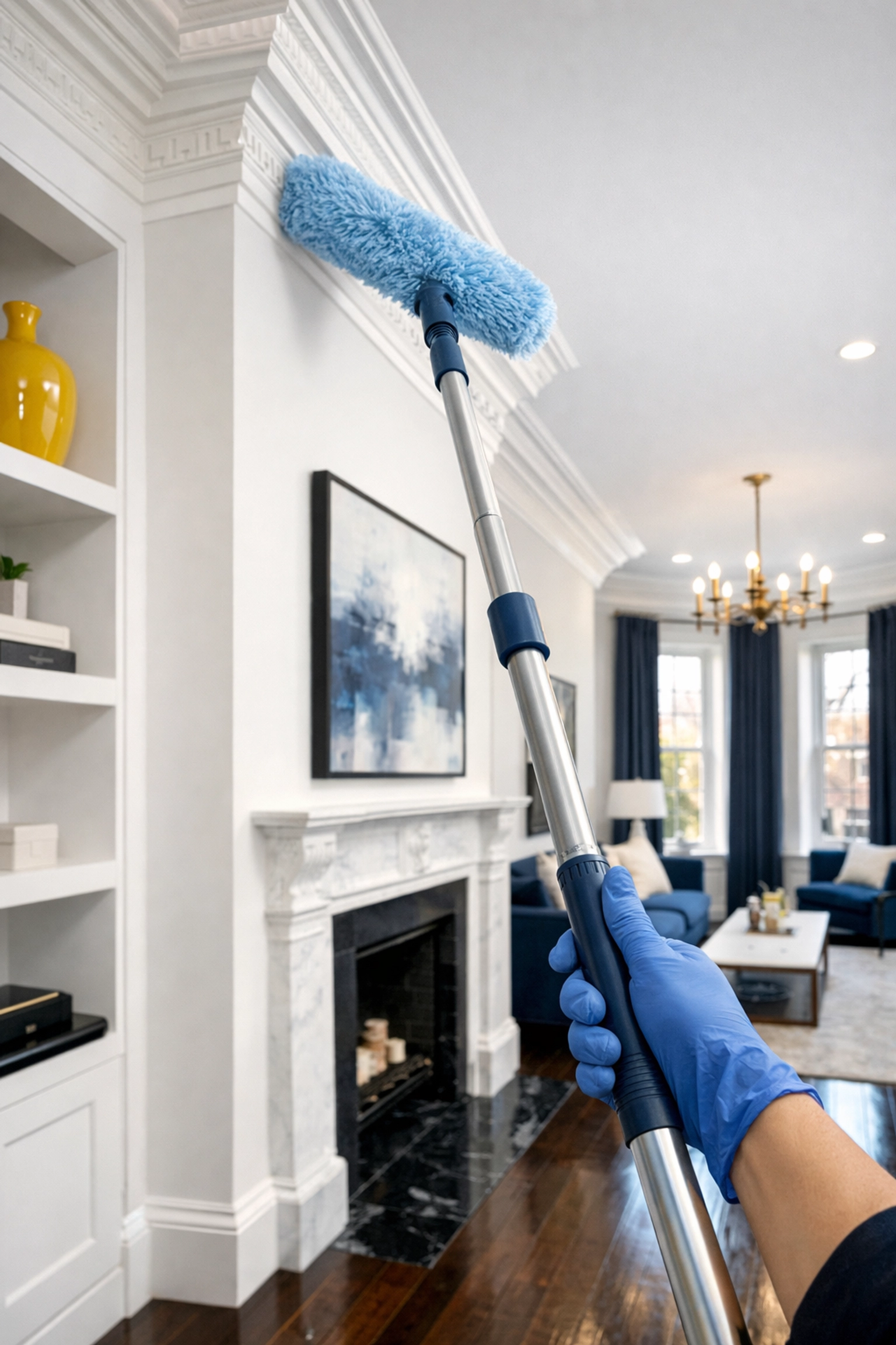 Professional apartment cleaning Boston team dusting high crown molding in a historic brownstone living room.