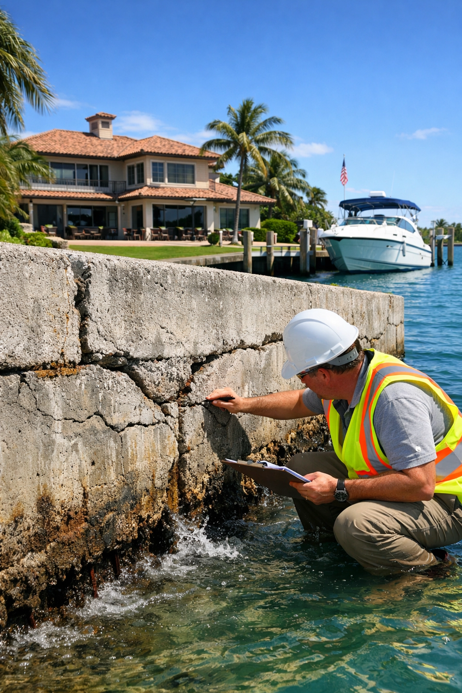 Inspector examining aging seawall at SWFL waterfront property for maintenance needs