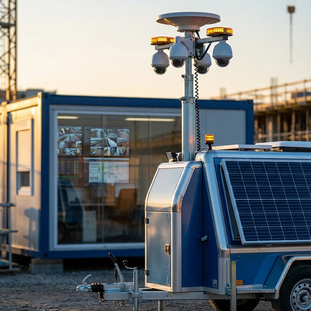 Mobile surveillance trailer with mast cameras, speakers, and strobe lights on an active jobsite