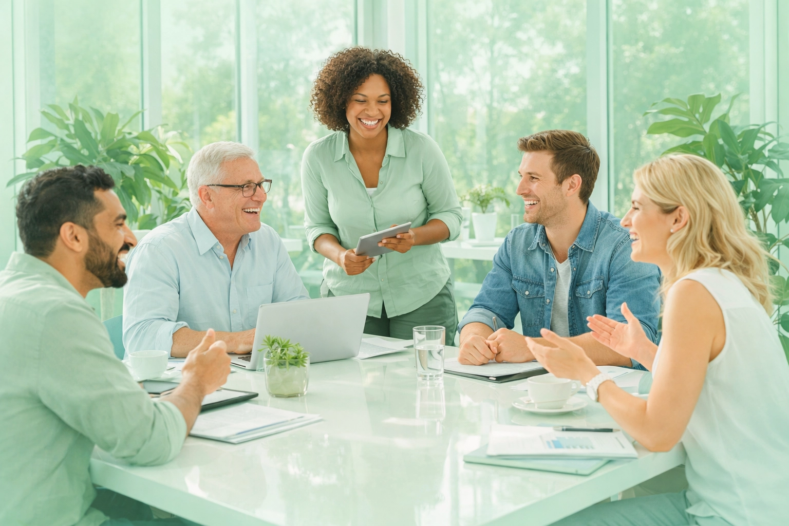 A productive team in a bright, clean Cedar Valley office conference room, free from distracting clutter and dust.