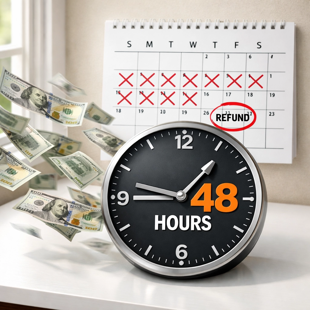 Calendar showing fast 24-48 hour timeline for tax refund advance processing in 2026