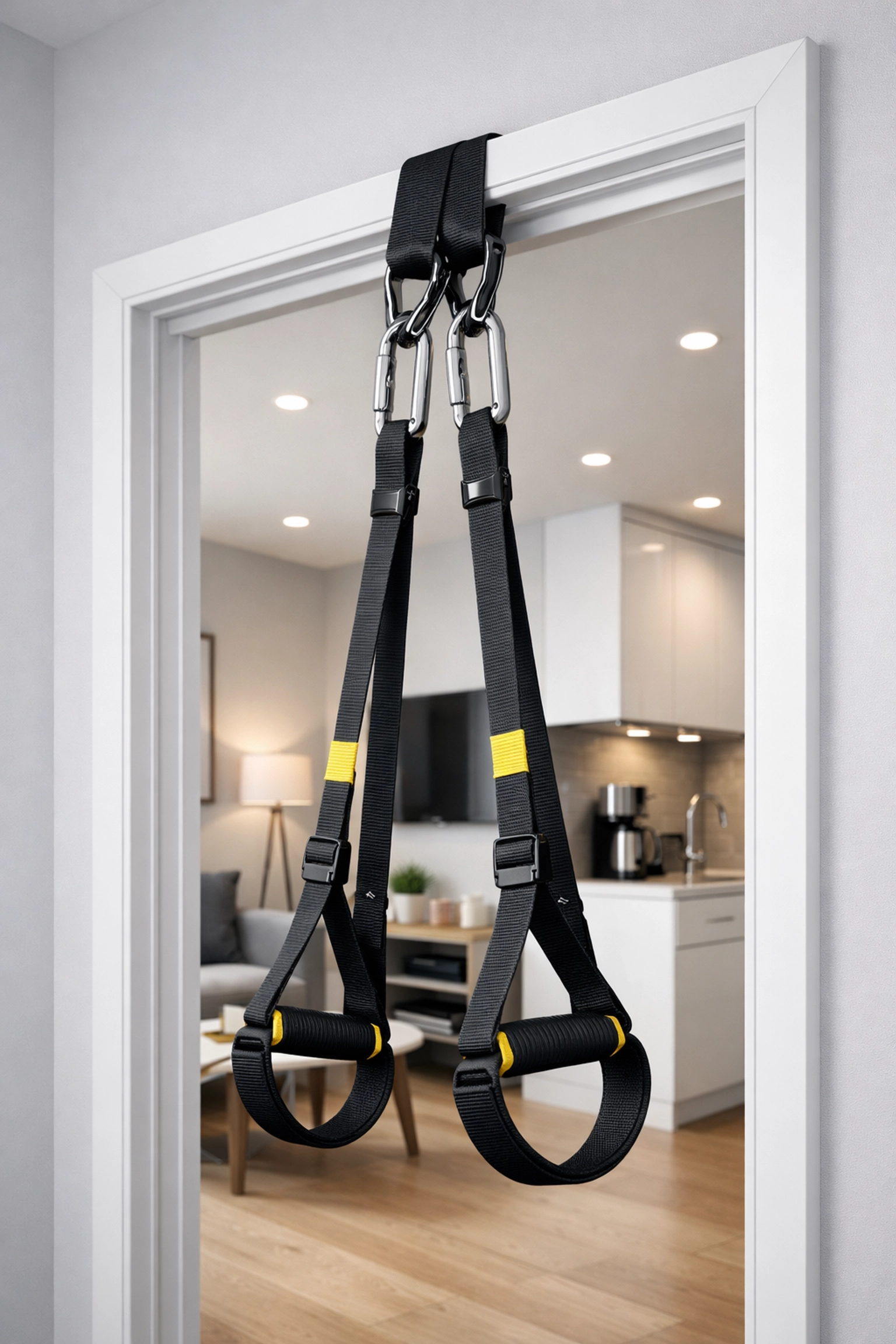 Durable suspension straps anchored to a door for a versatile home gym setup in a modern apartment.
