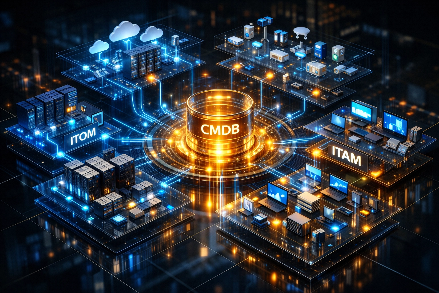 ITOM and ITAM systems interconnected in ServiceNow operations management visualization