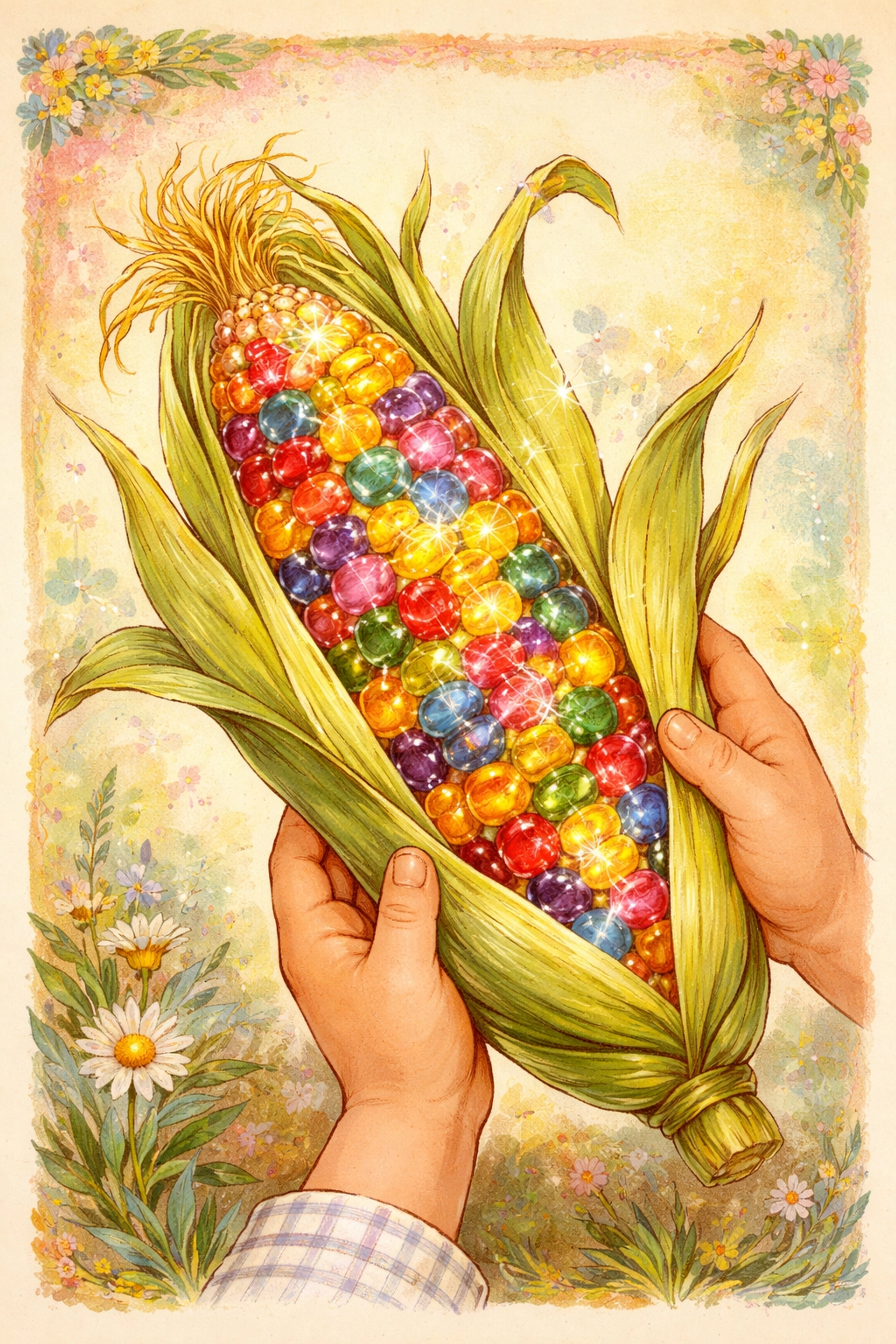 Child holding a freshly husked ear of Glass Gem corn with vivid jewel-like kernels up close
