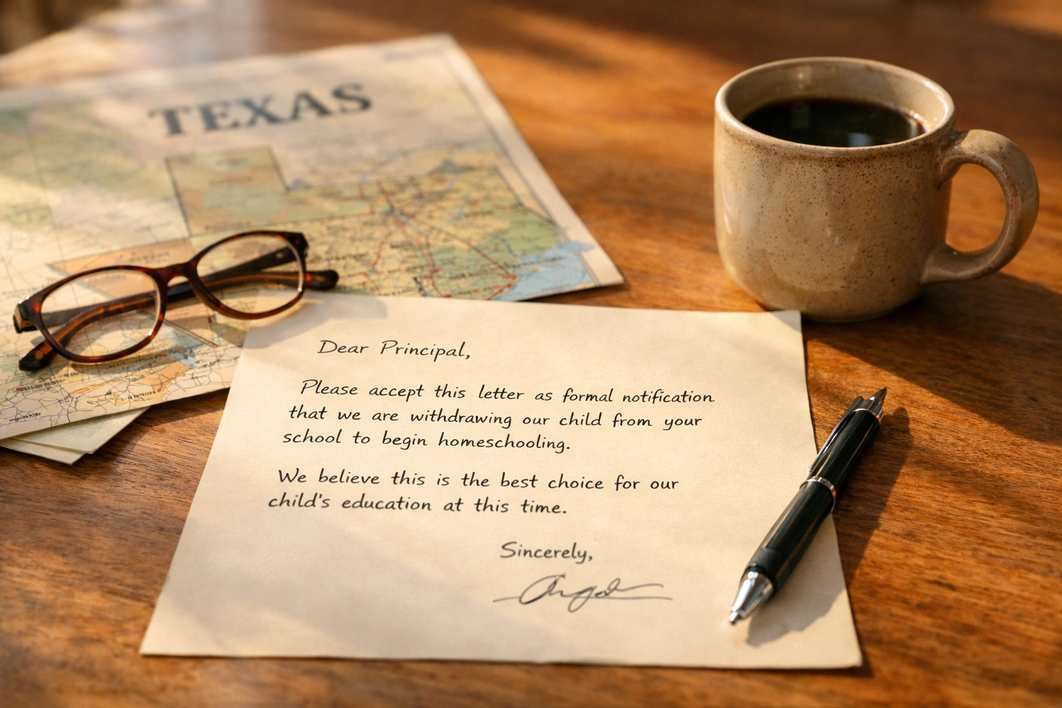 Homeschool planning materials including withdrawal letter and Texas map on kitchen table