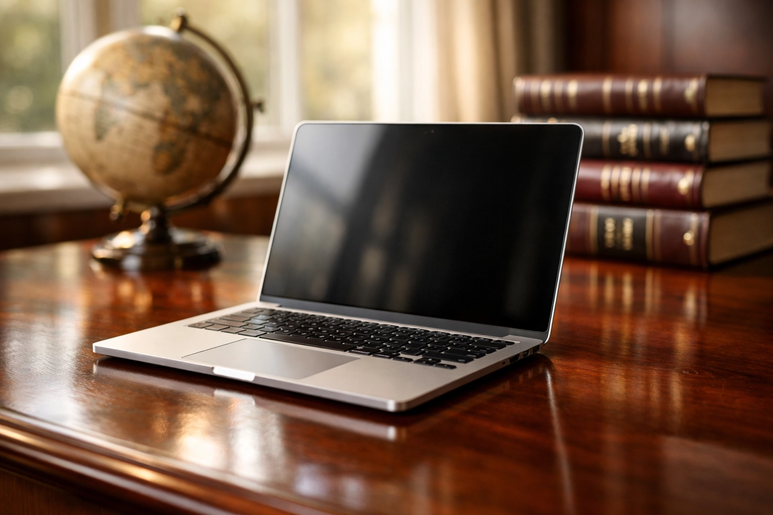 Laptop and globe on a mahogany desk symbolizing international data privacy laws and global legal compliance.