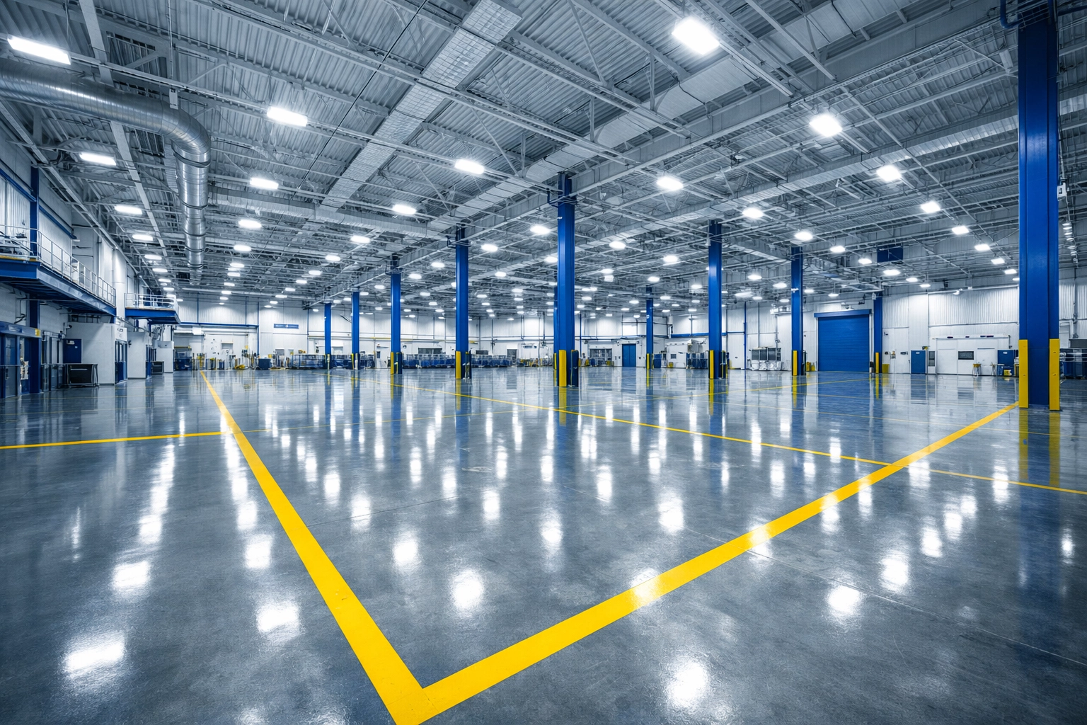 Pristine industrial warehouse in Lawrence, MA with polished concrete floors and professional cleaning standards.