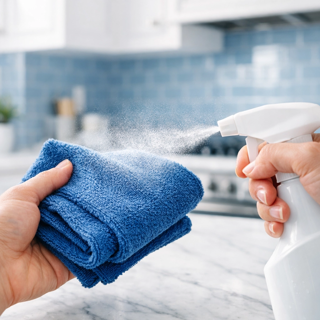 Professional house cleaning in Marlborough showing how to spray microfiber cloths for streak-free counters.