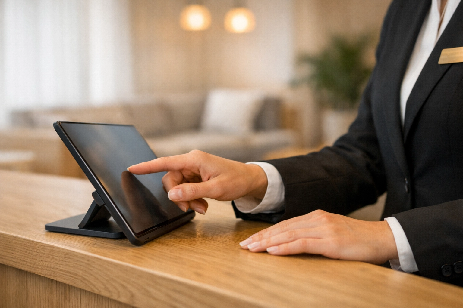 Hotel staff using an intuitive hotel property management system on a tablet at the front desk.